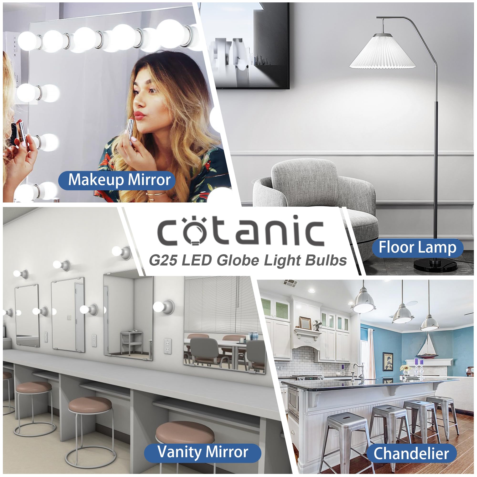 Cotanic G25 Globe Light Bulbs 6000K Daylight White - 4 Pack, E26 Base, 5W (60W Equivalent), 500LM, Non-Dimmable - Perfect for Bathroom Vanity, Dressing Room & Makeup Mirror Lighting