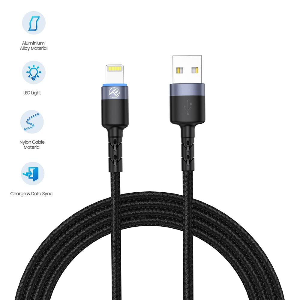 Premium TELLUR Nylon Braided USB to Lightning Cable with LED Indicator - 2M Fast Charging & Sync Cord for iPhone (Black) - Perfect for Home, Office & Travel Charging