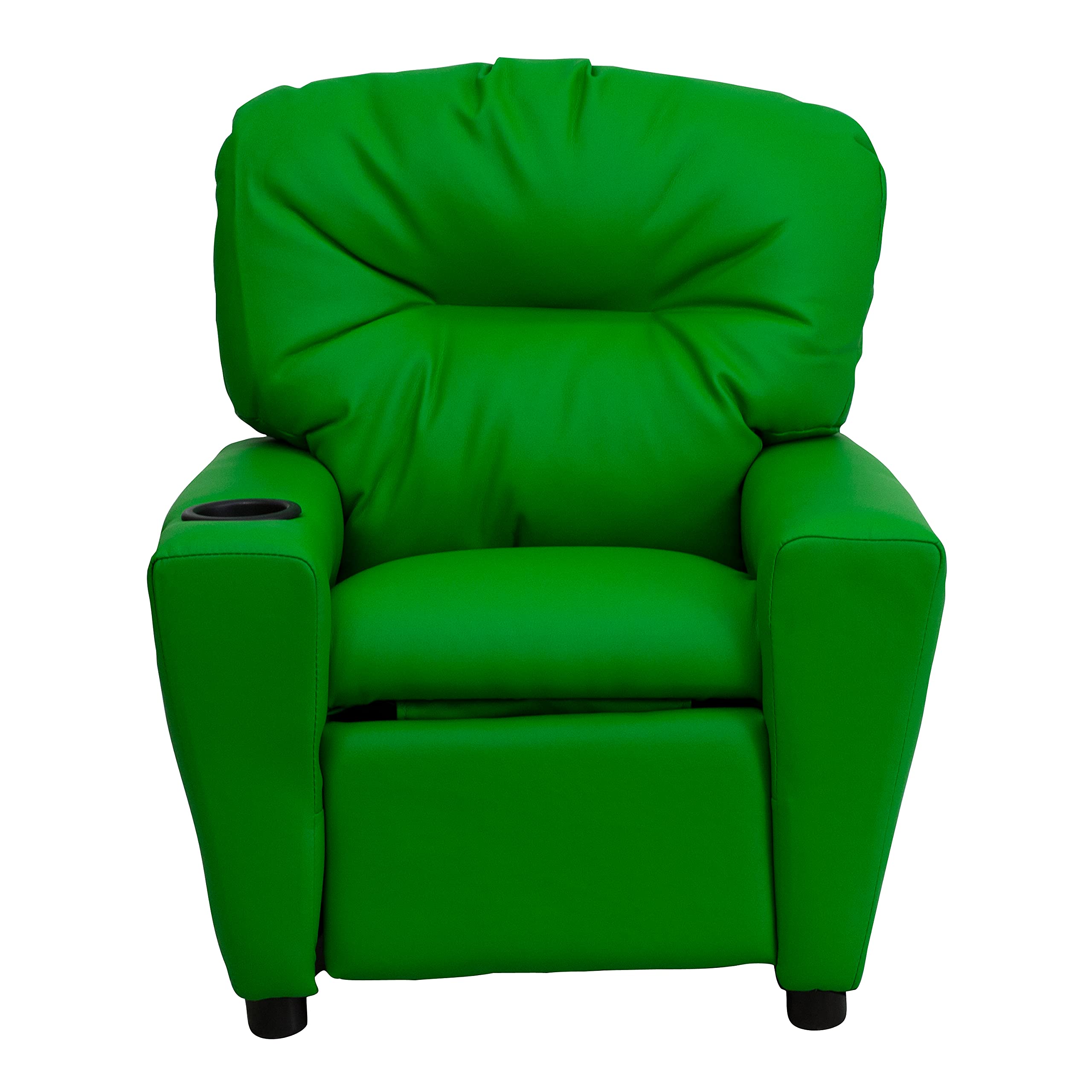 Emma & Oliver Green Vinyl Kids Recliner Chair with Cup Holder - Comfortable Children's Lounge Chair for Playroom, Bedroom or TV Time