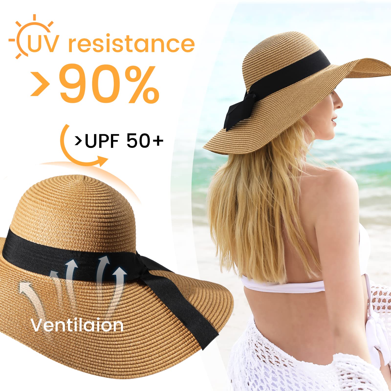 Women's UPF 50+ Sun Hat - Breathable Straw Beach Hat with Wide Brim for UV Protection, Foldable Summer Hat for Travel, Outdoor, Beach Vacations & Gardening