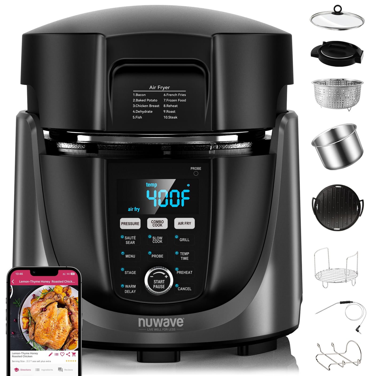 Nuwave Duet 6-Quart Electric Pressure Cooker and Air Fryer Combo - 450-in-1 Multi-Cooker with Slow Cooker, Grill & Digital Temperature Probe | Adjustable High/Low Pressure | Stainless Steel Pot | Built-in Sure-Lock Safety Technology | Perfect for Meal Prep, Family Dinners & Healthy Air Frying
