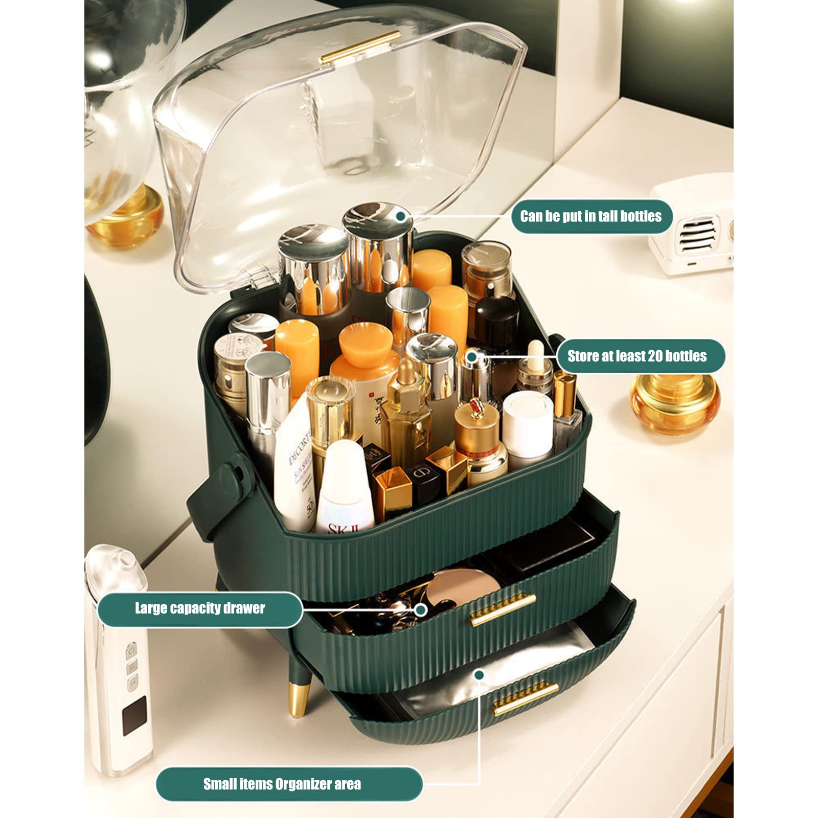 Makeup Organizer & Cosmetic Storage Case with Brush Holder - Lipstick & Skincare Display for Bathroom Countertop, Bedroom Vanity Desk & Travel - Compact & Stylish Green Beauty Organizer for Daily Makeup Routine & Travel Essentials