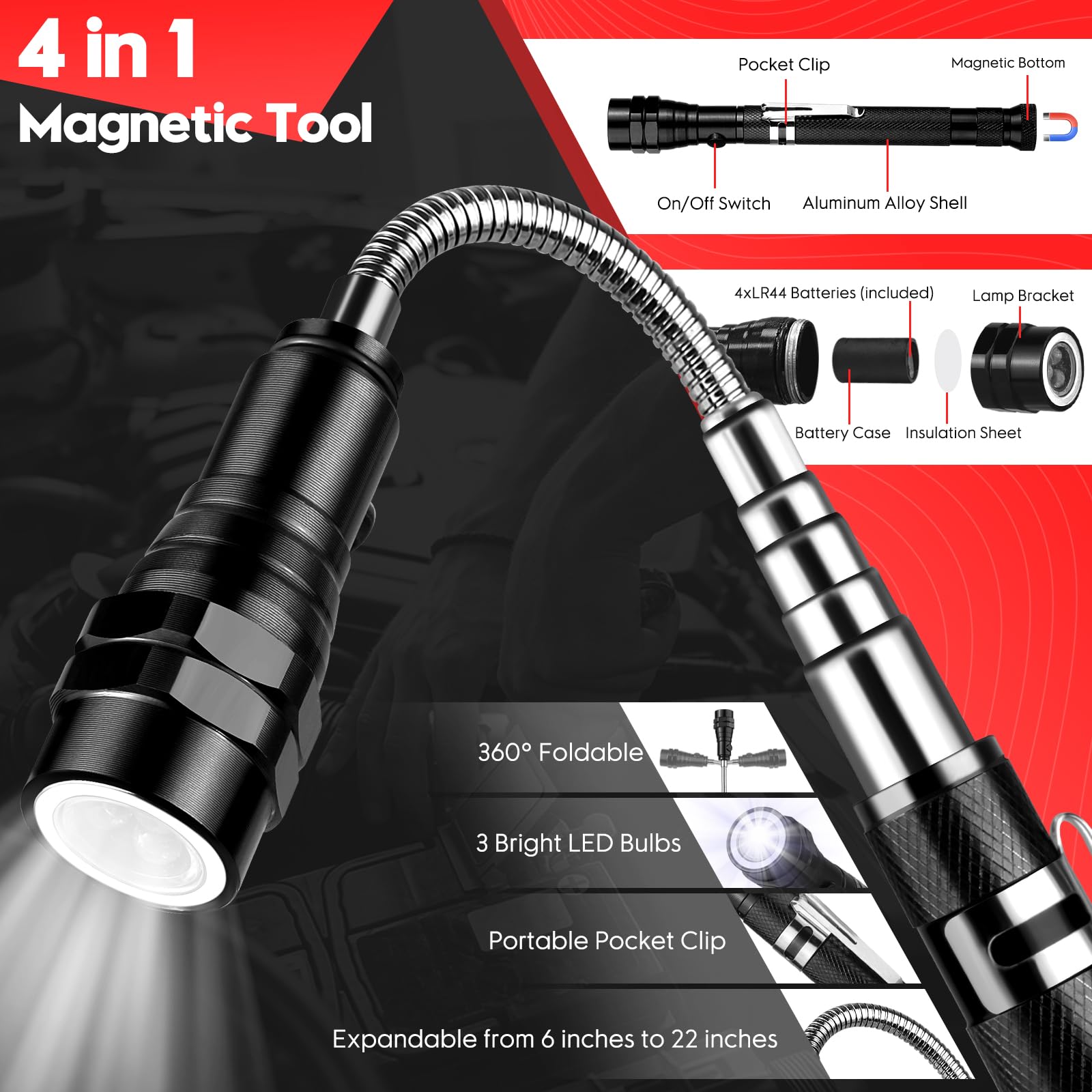 Extendable Magnetic Pickup Tool Set with LED Flashlight & 360° Swivel Inspection Mirror - Perfect Mechanic Gadget for DIY, Auto Repair, Home Maintenance - Great Gift for Men, Dad, Boyfriend, Husband, Handyman (Works in Tight Spaces & Dark Areas)