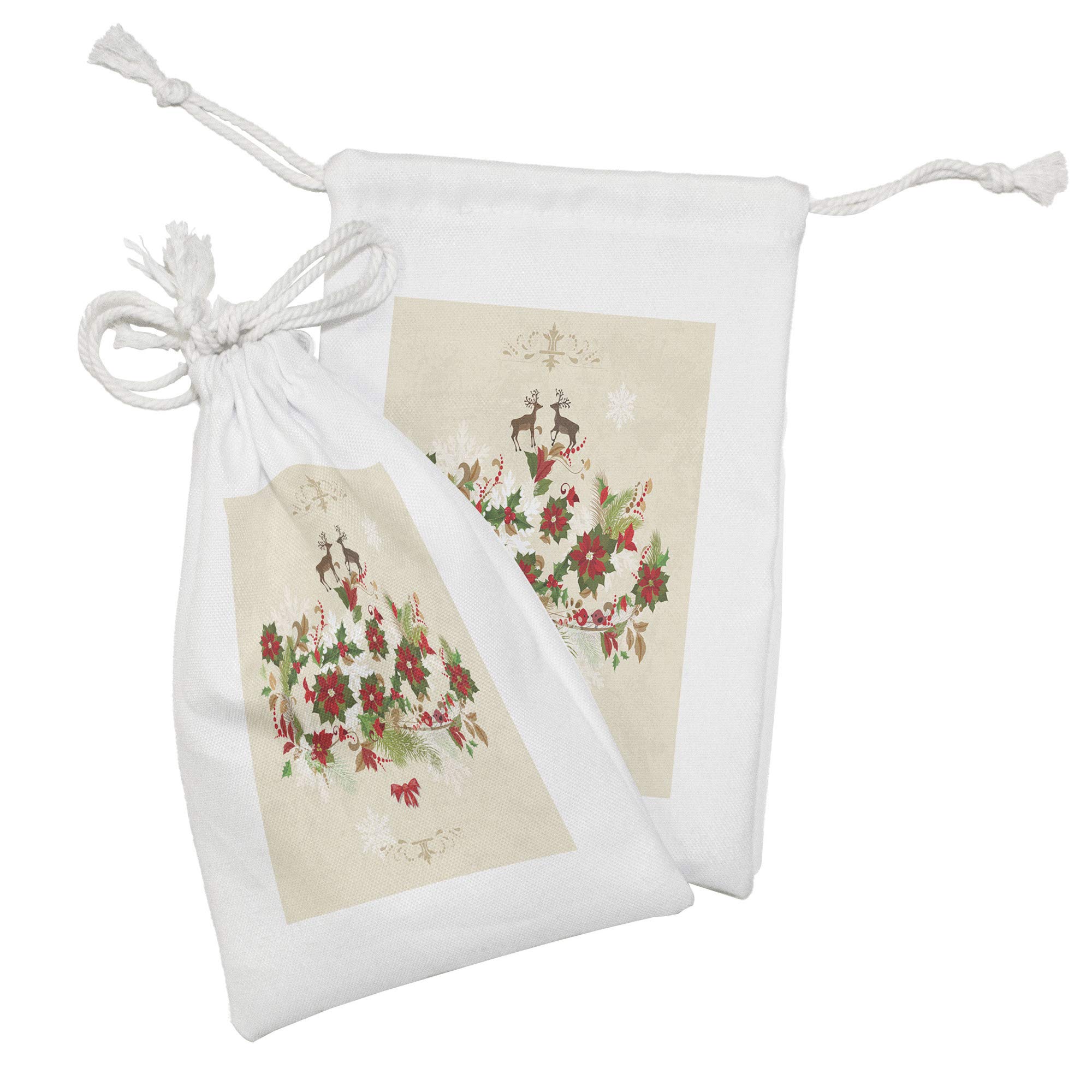 Ambesonne Christmas Fabric Pouch Set of 2 - Holiday Drawstring Bags with Poinsettia Flowers, Holly Berries & Deer Ribbon Design (9