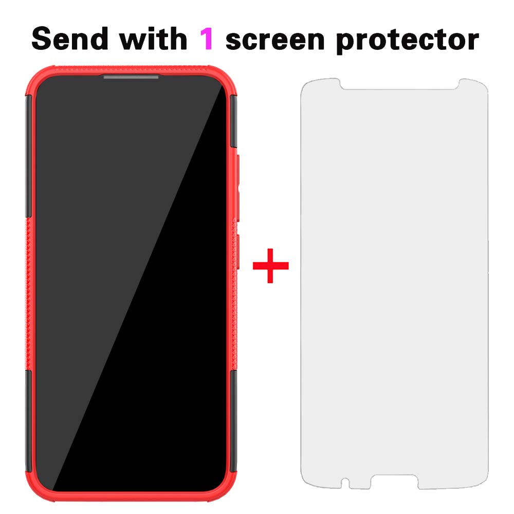 Motorola Moto E6 Plus Phone Case with Tempered Glass Screen Protector - Rugged Hybrid Protective Cover with Kickstand for Men & Women (Black/Red) - Perfect for Work, Travel, and Everyday Protection