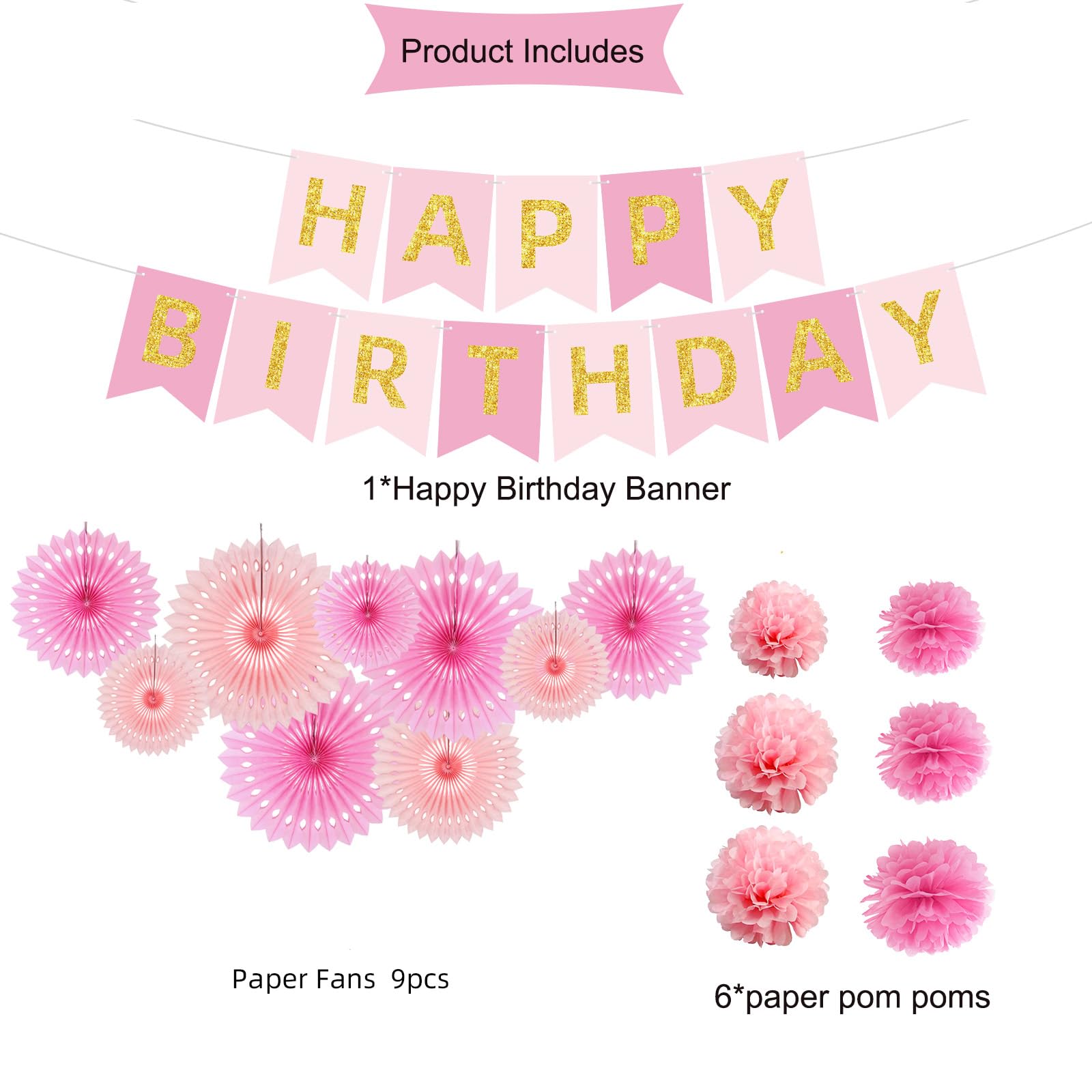 Pink Birthday Party Decorations Kit - Happy Birthday Banner, Tissue Paper Pom Poms & Hanging Fans for Women & Girls | Perfect for Birthday Celebrations, Baby Showers & Bridal Showers