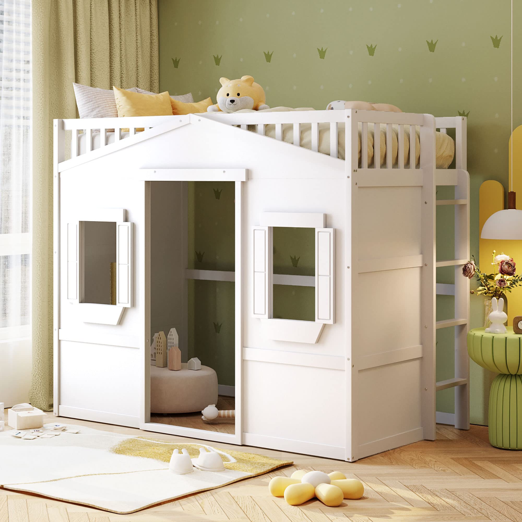 Harper & Bright Designs Twin Size Wooden Loft Bed with Playhouse Design - Kids House Bed with Door, Windows & Underbed Storage - Perfect for Boys & Girls Bedroom, Space-Saving & Fun (White) - Ideal for Small Rooms, Play Areas & Sleepovers
