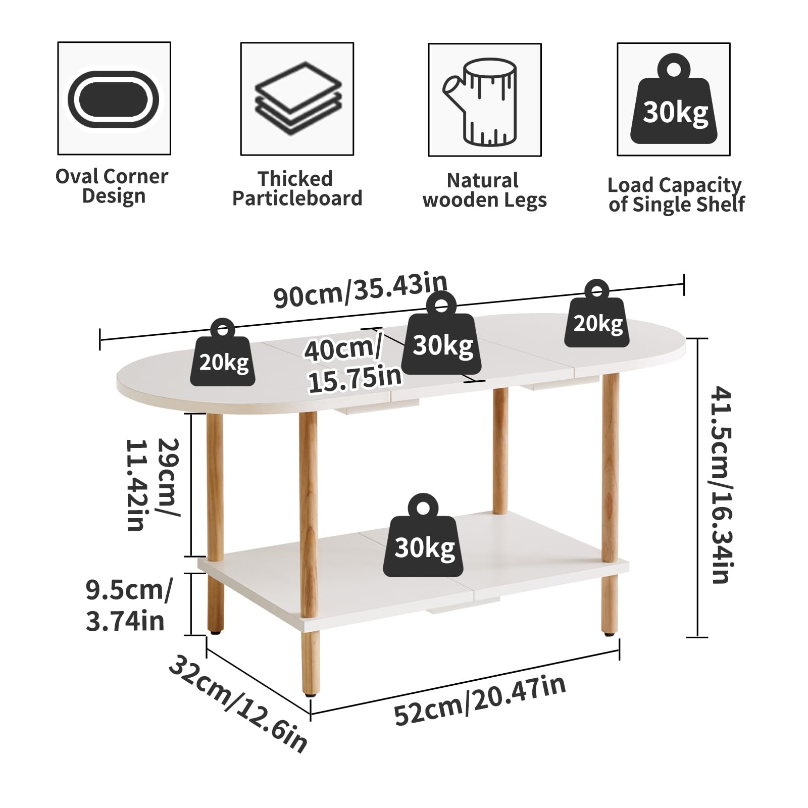 White Oval Coffee Table - Small Wooden 2-Tier Center Table with Splicing Design (35x16x17 Inches) for Living Room, Compact Spaces & Small Apartments - Perfect for Holding Drinks, Books & Decor