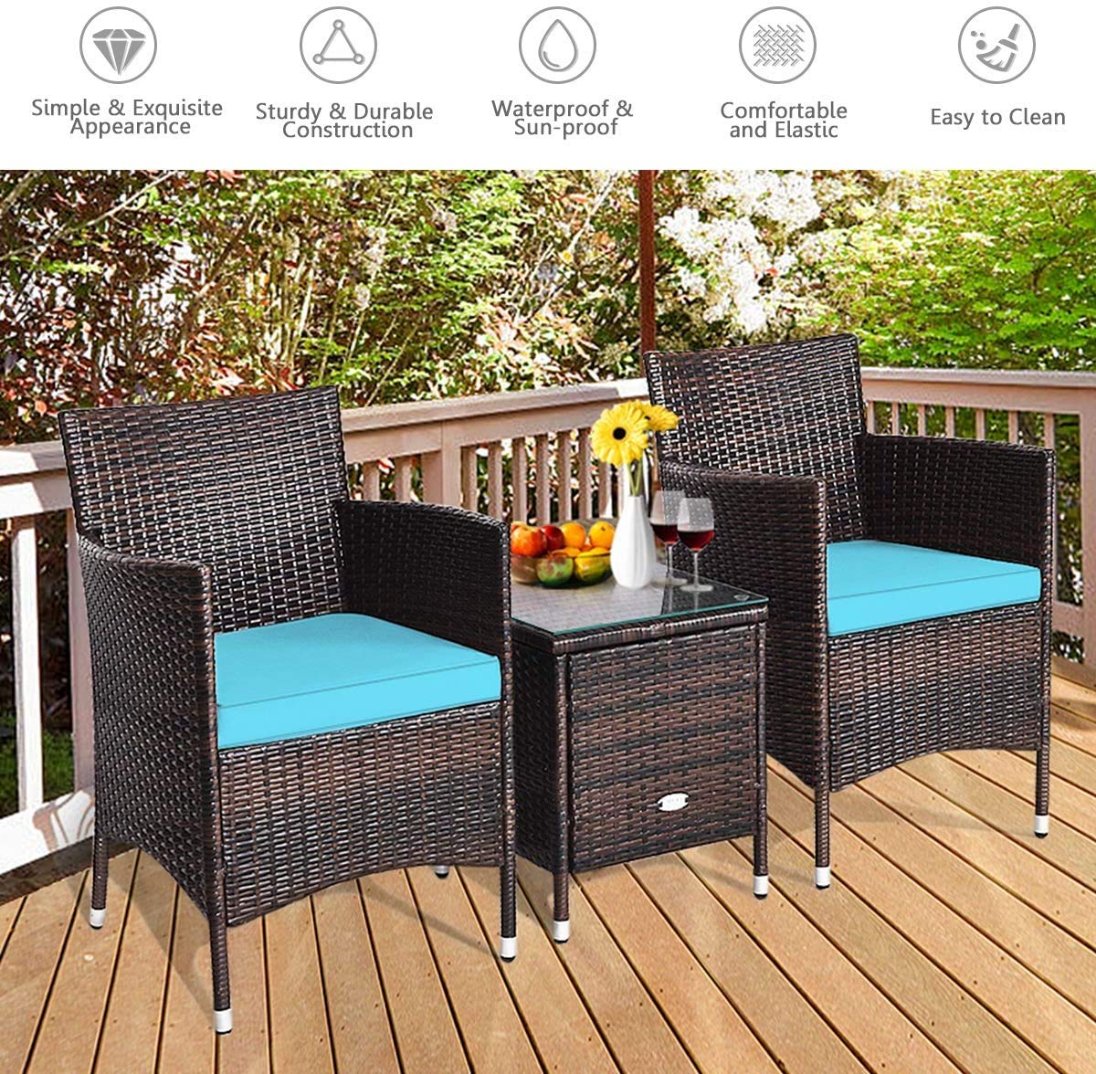 HAPPYGRILL 3-Piece Outdoor Patio Furniture Set - Rattan Wicker Conversation Set with Coffee Table, Chairs & Cushions for Garden, Lawn, Backyard, Poolside | Perfect for Relaxing, Entertaining & Outdoor Dining