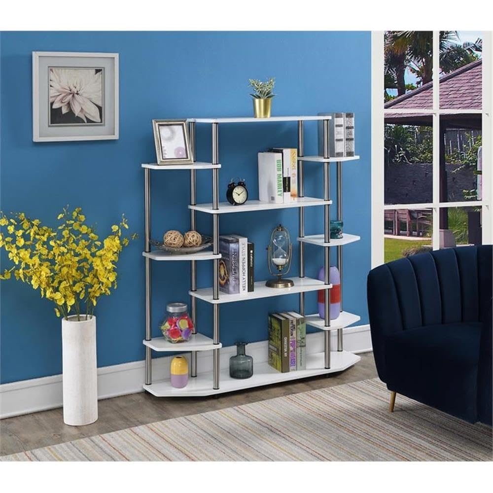 Pemberly Row White Wood & Stainless Steel Wall Unit Bookcase - Stylish Storage for Living Room, Office & Home Library