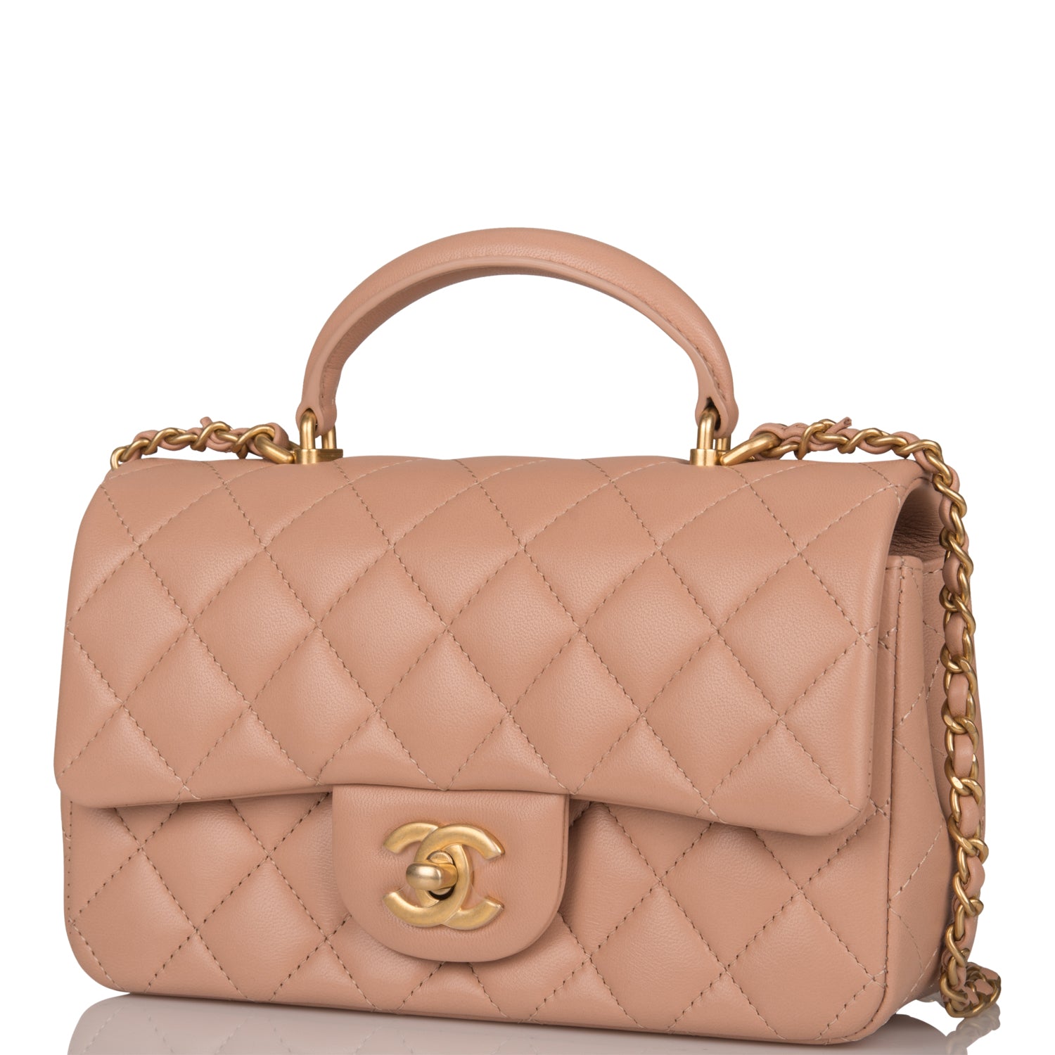 Chanel Mini Rectangular Flap Bag with Top Handle in Beige Lambskin Leather & Antique Gold Hardware - Luxury Crossbody Purse for Women, Perfect for Date Night & Special Occasions