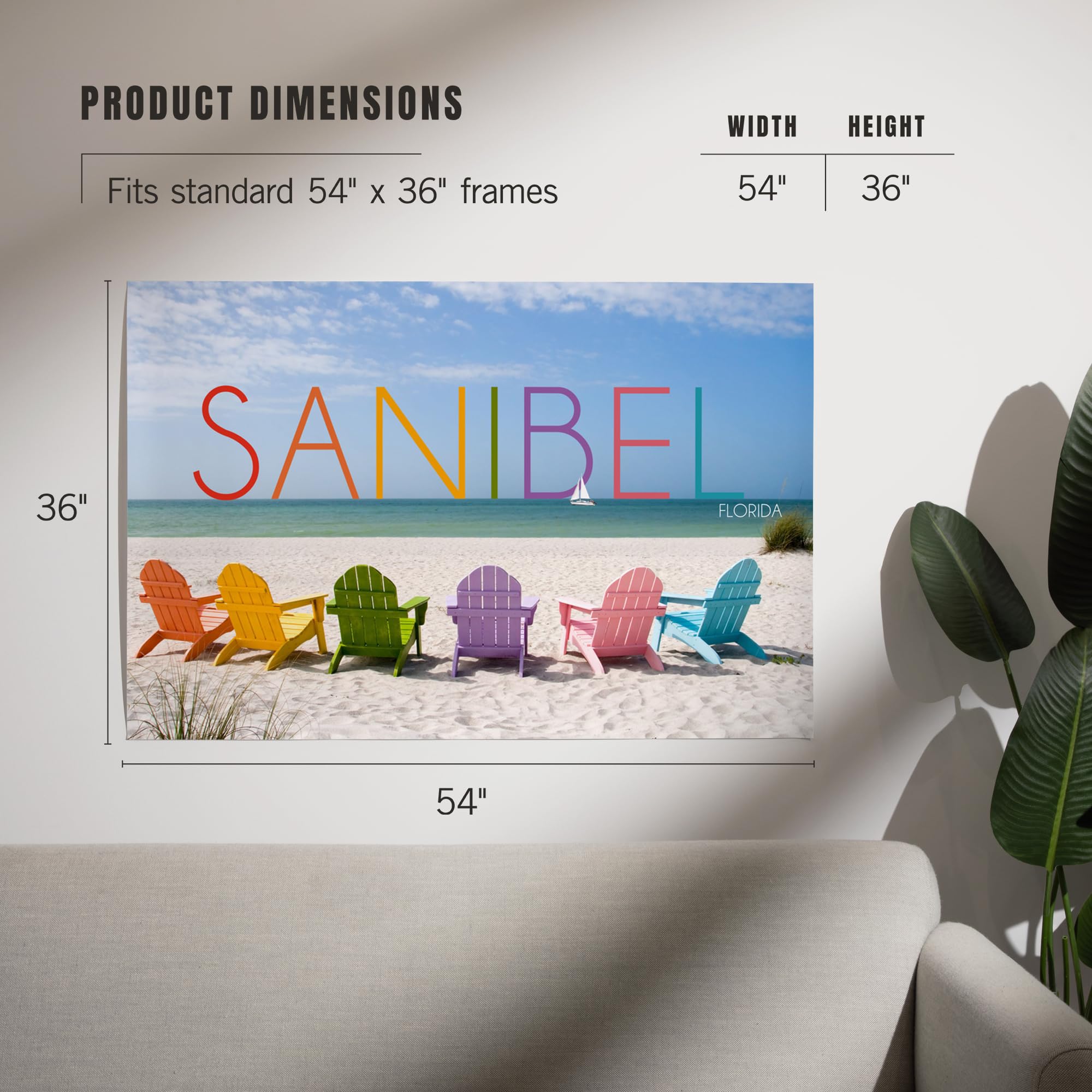 Lantern Press 36x54 Inch Giclee Art Print - Sanibel Florida Beach Chairs Wall Decor - Vibrant Coastal Artwork for Living Room, Bedroom & Office Decor