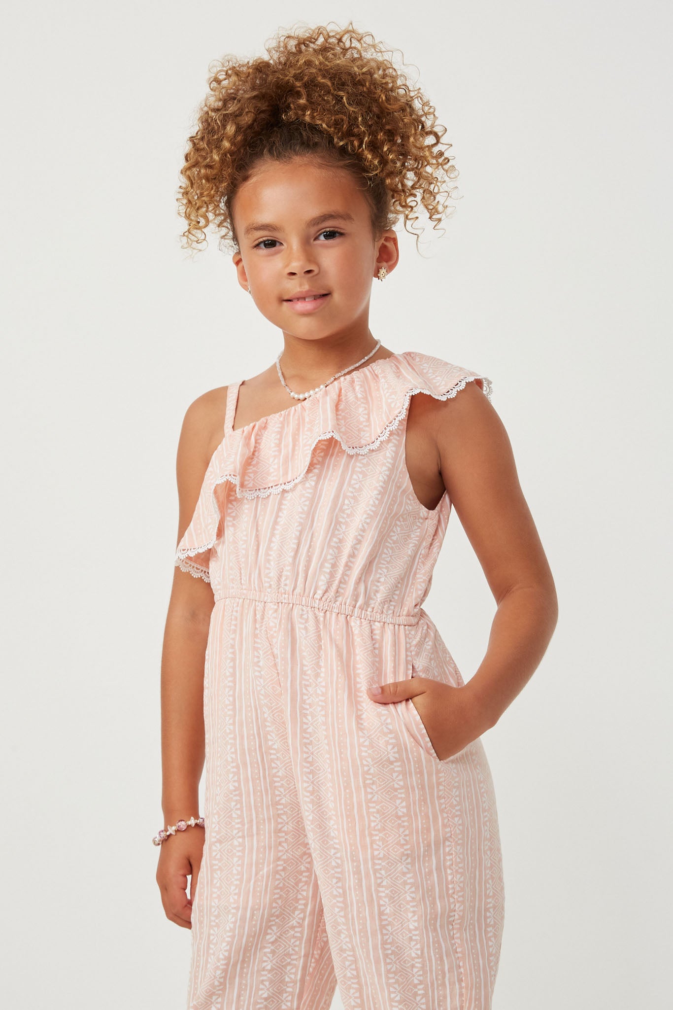 Elegant Lace Trim Ruffled One Shoulder Geometric Print Jumpsuit for Women | Party, Evening, and Special Occasion Outfit