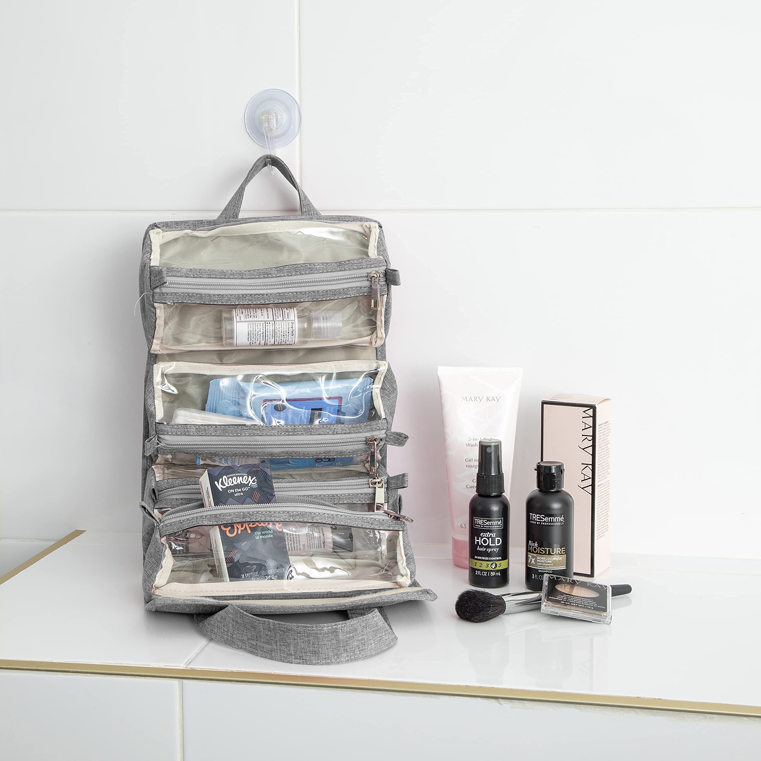 4-in-1 Hanging Toiletry Bag with Detachable PVC Pouches | Waterproof Travel Makeup Organizer | 600D Oxford Fabric Cosmetic Bag for Women | Perfect for Travel, Camping & Gym Organization (Gray)