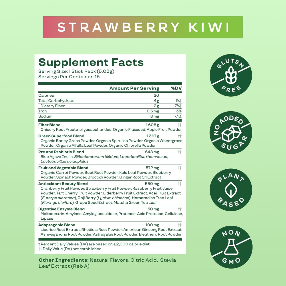 Bloom Nutrition Greens & Superfoods Powder Packets - Digestive Health Supplement with Probiotics, Enzymes, Spirulina & Chlorella for Gut Support & Bloating Relief - 15 Stick Packs, Strawberry Kiwi Flavor - Perfect for Travel, Workouts & Daily Wellness Routine