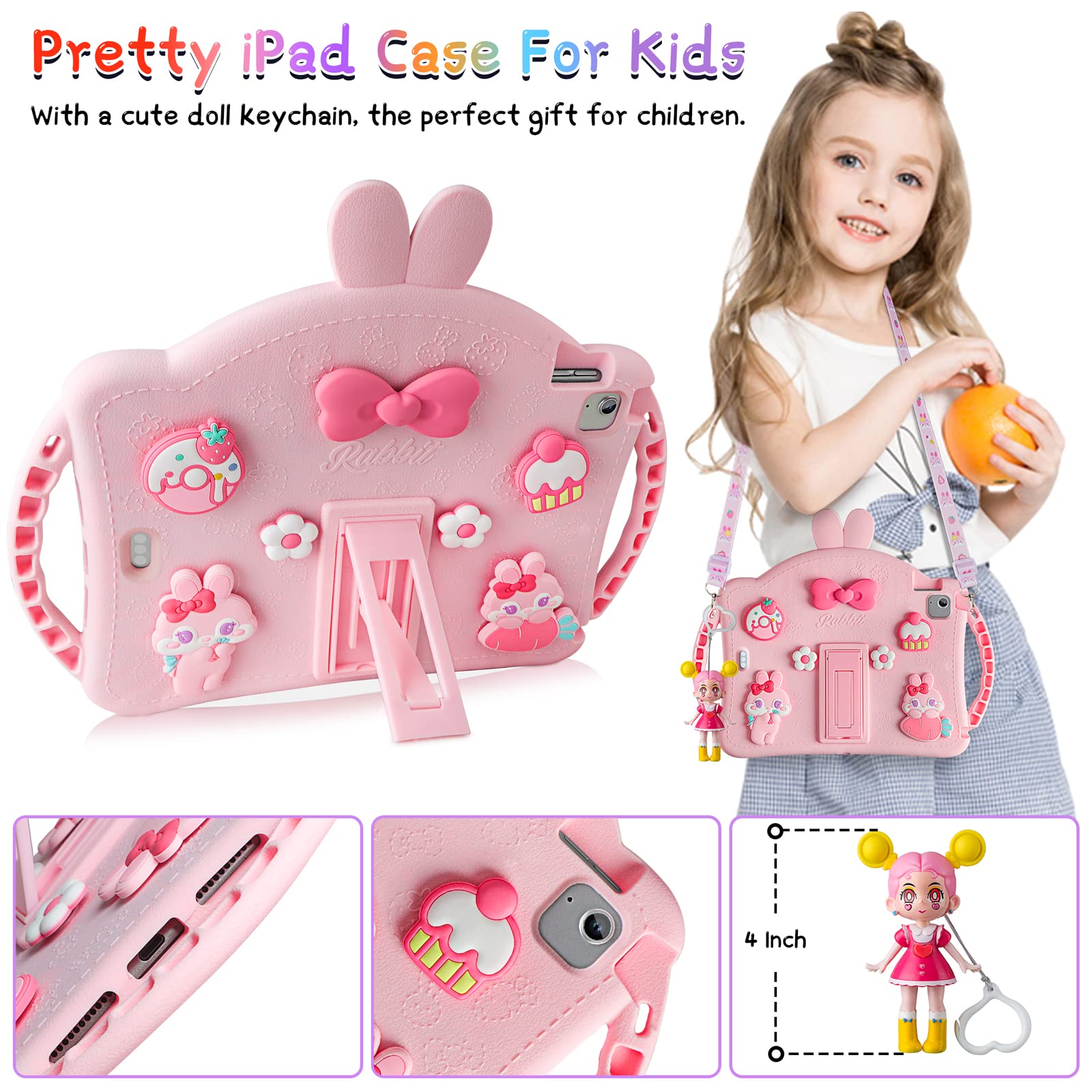 iPad Air 5th/4th Gen & iPad Pro 11 Inch Case with Adjustable Shoulder Strap - Cute Rabbit Soft Silicone Protective Cover for Girls - Perfect for School, Travel, and Daily Use