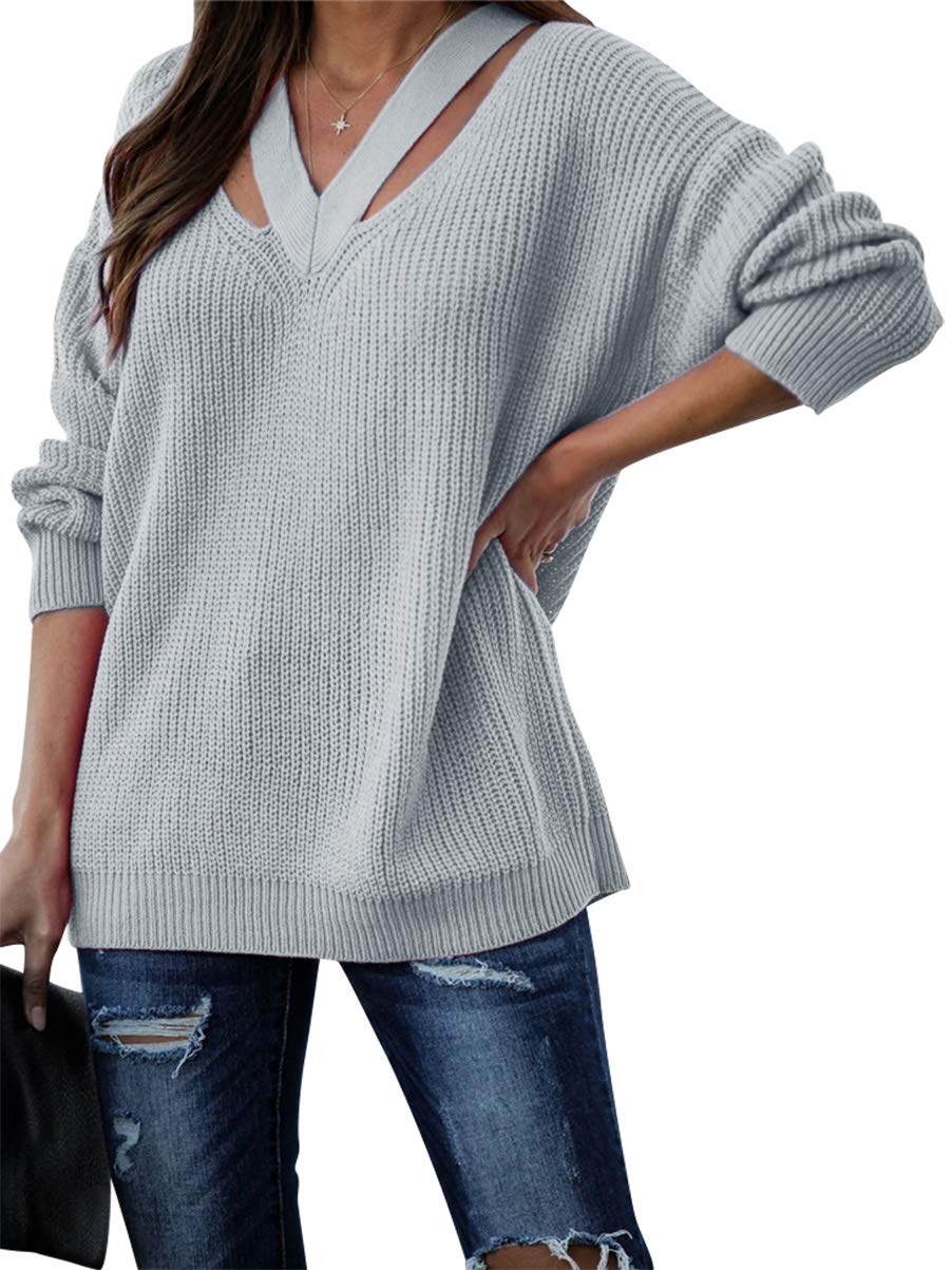 Calbetty Women's V-Neck Off-Shoulder Sweater - Long Sleeve Knit Loose Pullover Top - Casual Jumper Shirt for Women | Perfect for Fall Layering, Date Nights & Office Wear