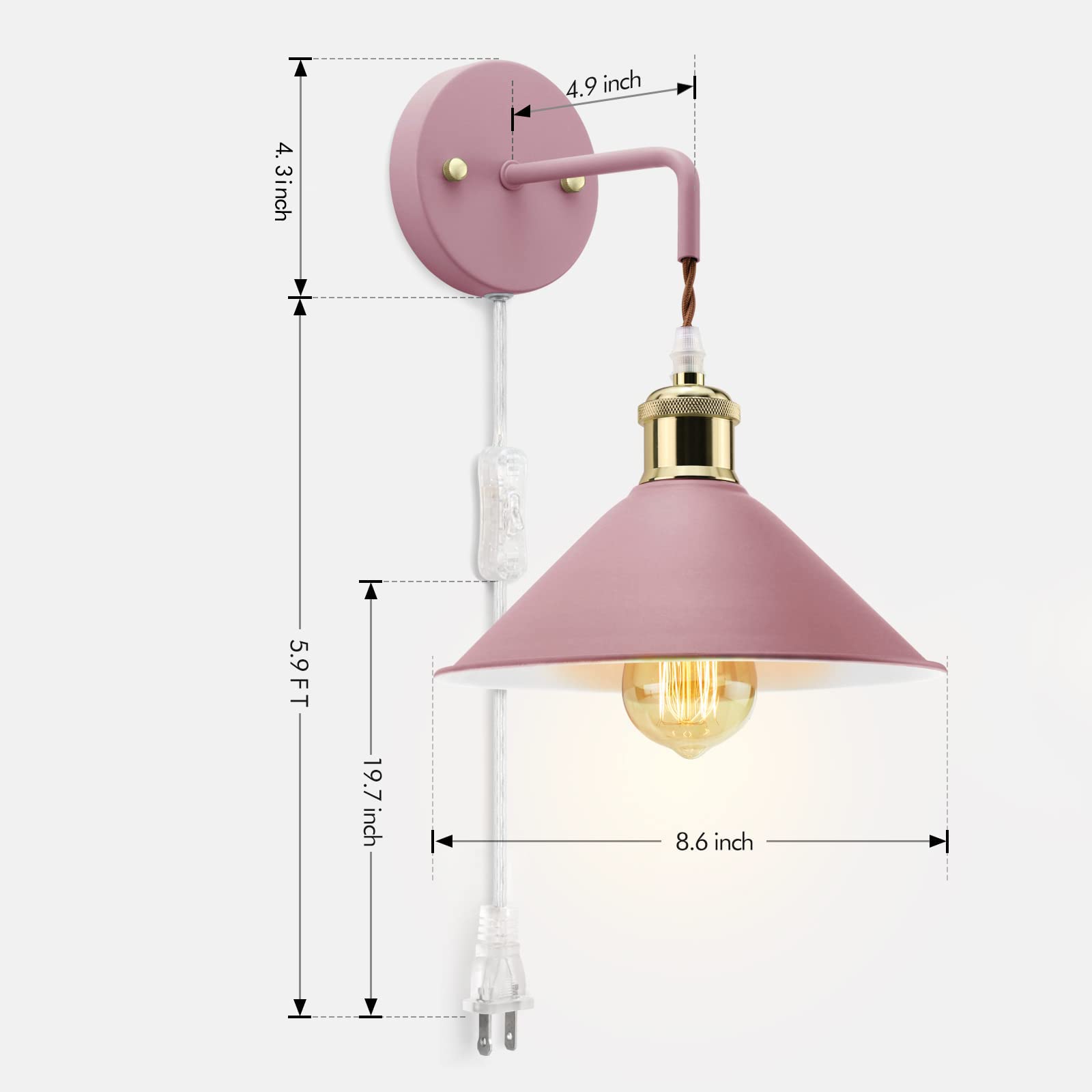 Modern Plug-in Wall Sconces 2-Pack - Pink E26 Wall Lamp with Cord, Adjustable Plug-in Wall Lighting Fixture for Bedroom, Living Room & Hallway Decor