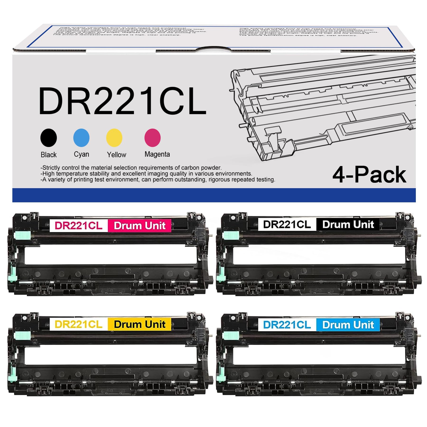 4-Pack (1BK+1C+1M+1Y) DR221CL Drum Unit Set - Replacement for Brother DR221/DR-221CL/DR 221 CL Printers - Compatible with HL-3140CW, HL-3170CDW, HL-3180CDW, MFC-9130CW, MFC-9330CDW - Perfect for Home & Office Printing Needs