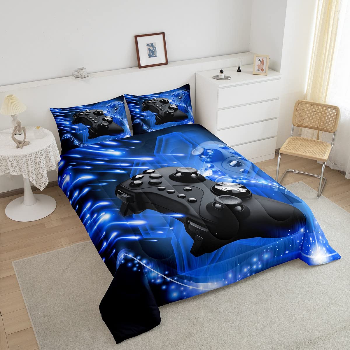 Erosebridal Teens Gamer Comforter Set - Twin Size Video Game Themed Bedding for Boys & Girls | Controller & Joystick Design Gaming Duvet Cover | Perfect for Bedroom, Living Room & Game Room Decor | Blue