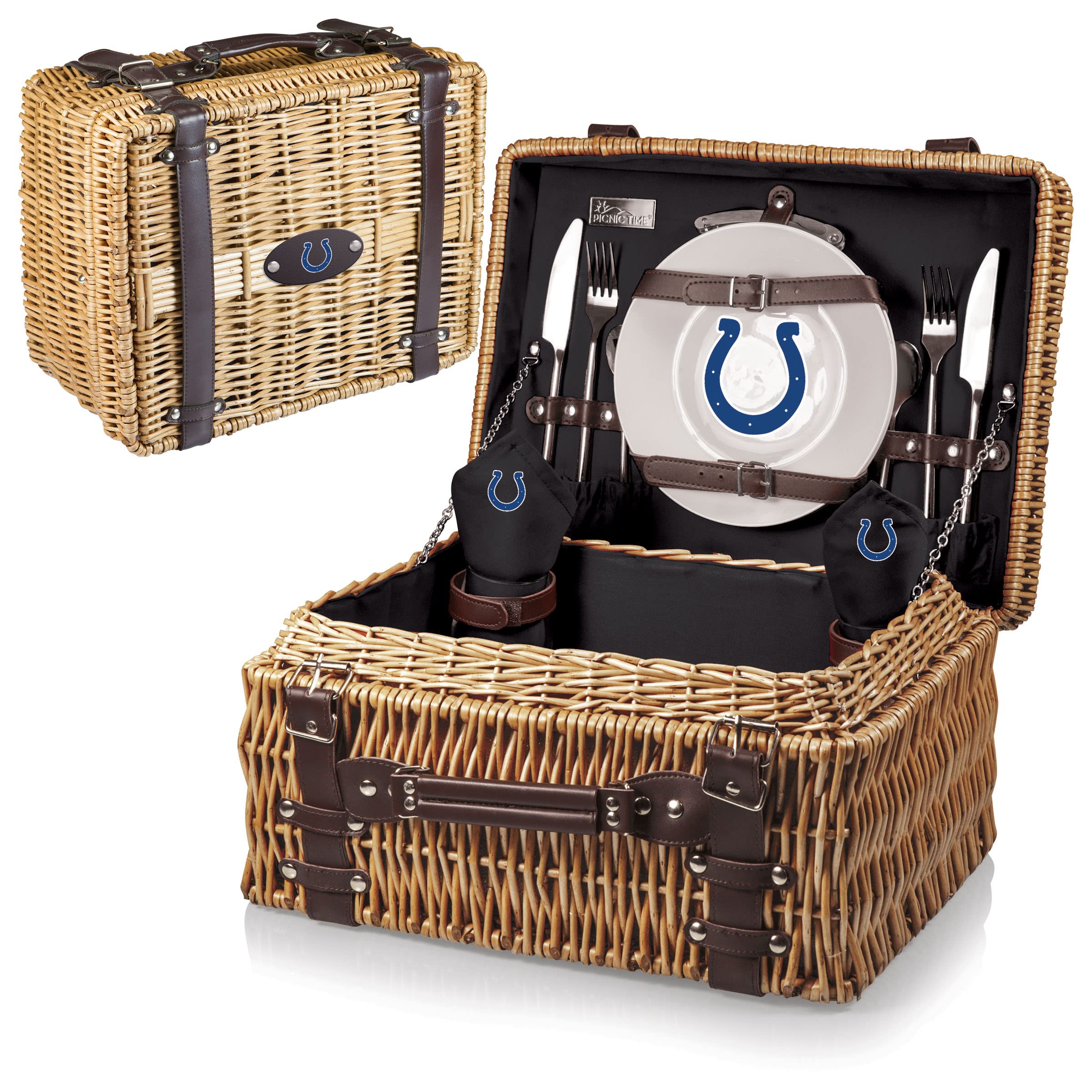 PICNIC TIME NFL Champion Picnic Basket for 2 - Wicker Picnic Basket Set with Plates, Utensils & Blanket - Portable Outdoor Picnic Accessories for Couples, Beach, Park & Tailgating (Black with Brown Accents)
