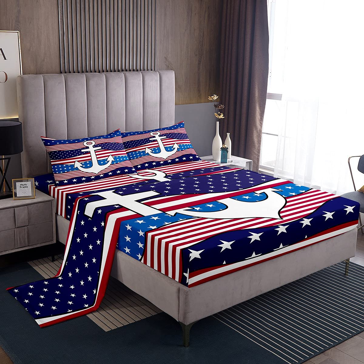 Anchor Print Queen Size Bed Sheet Set - Abstract American Flag & Ocean Nautical Design | Red Blue Stars Stripes Bedding for Kids, Teens & Adults | Includes Fitted Sheet, Flat Sheet & 2 Pillowcases | Perfect for Coastal, Patriotic or Nautical Themed Bedrooms