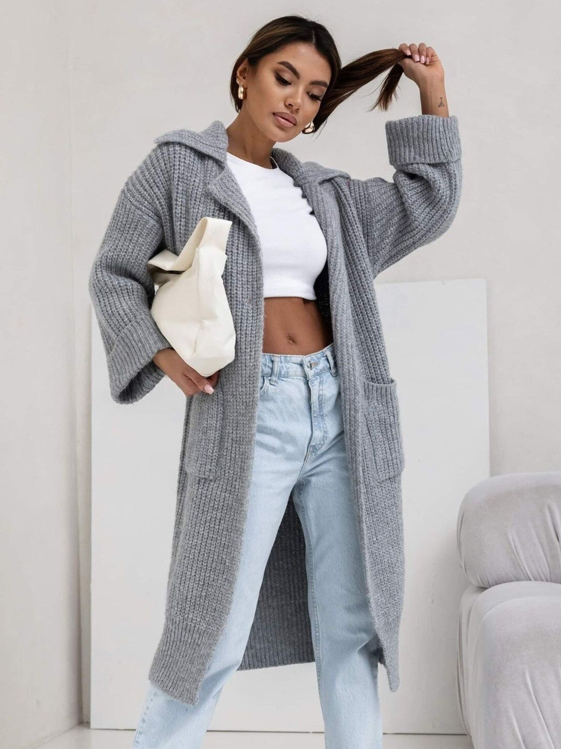 Women's Stylish Pocketed Collared Neck Drop Shoulder Cardigan Sweater - Perfect for Office Wear, Casual Outfits & Fall Layering