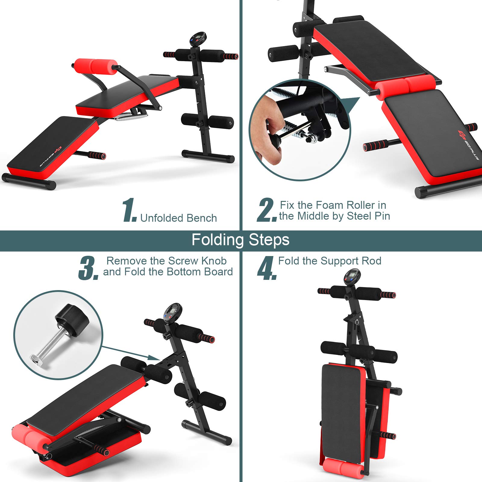Goplus 6-in-1 Adjustable Sit Up Bench - Foldable Weight Bench with LCD Monitor for Home Gym, Flat/Incline/Decline Workouts - Multi-Purpose Exercise Equipment for Full Body Training, Strength Building & Cardio - Perfect for Small Spaces, Apartments & Home Fitness Routines