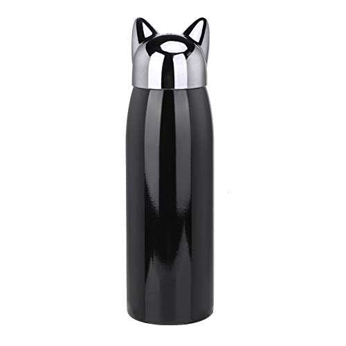 Cute Cat Stainless Steel Vacuum Flask with Silicone Handle - 300ml Portable Thermos for Kids & Girls (Black) - Perfect for School, Travel & Outdoor Activities
