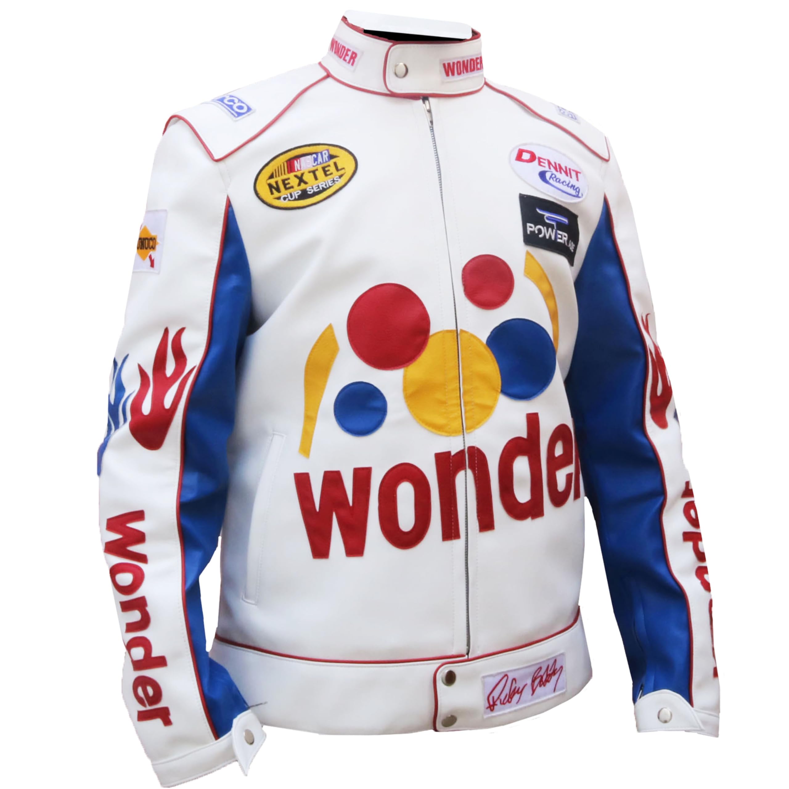 Ricky Bobby White Racing Jacket - Halloween Costume with White Patches | Faux Leather Motorcycle Racer Jacket for Men | Perfect for Cosplay, Halloween Parties & Biker Events