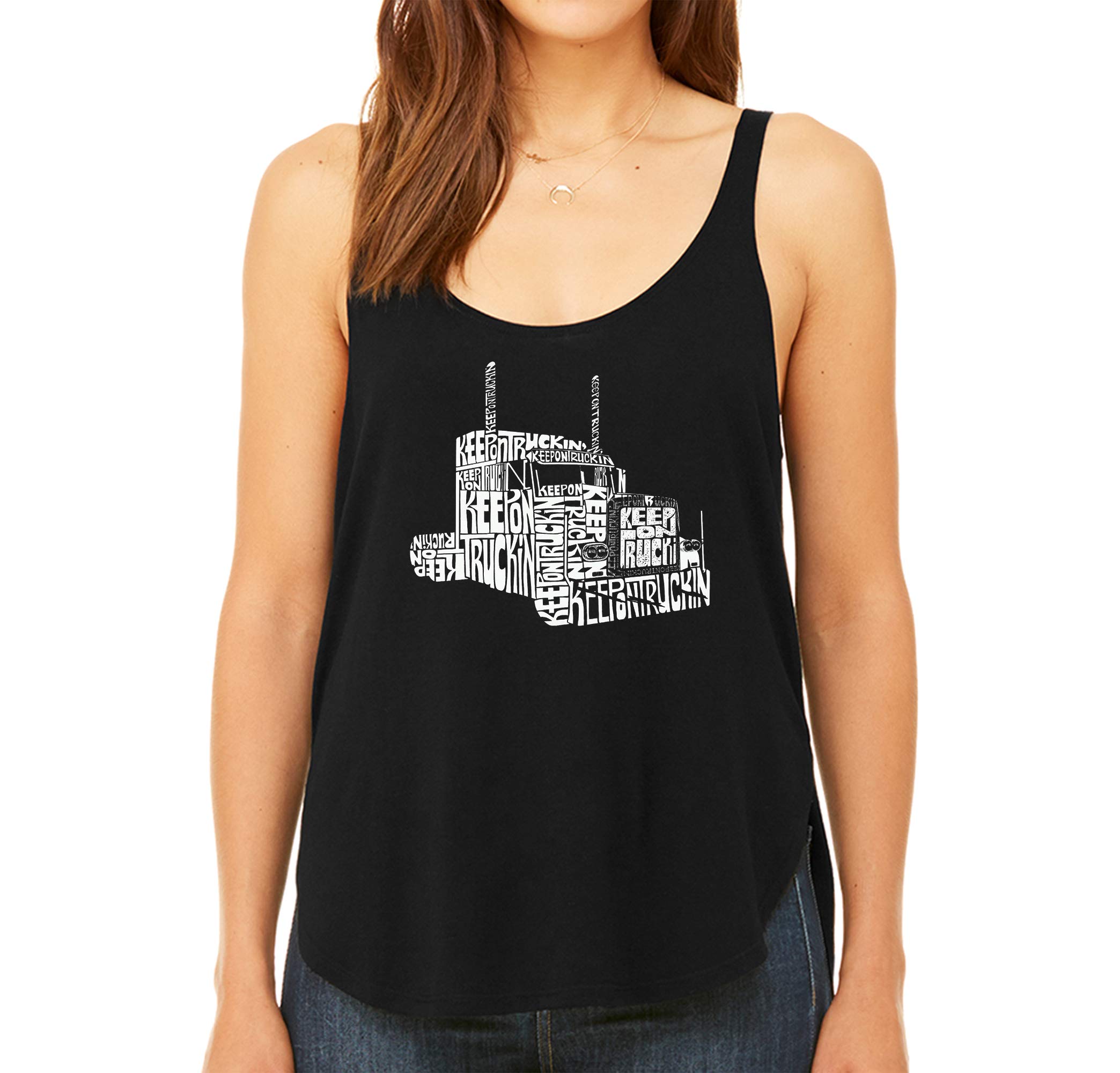 LA POP ART Women's Premium Word Art Flowy Tank Top - Keep ON Truckin' Graphic Tee | Vintage Inspired Casual Summer T-Shirt | Perfect for Music Festivals, Beach Outings & Streetwear Fashion
