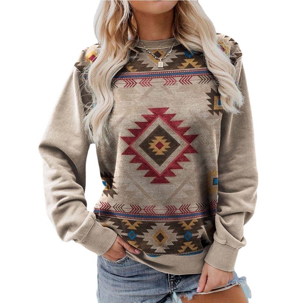 Vintage Aztec Print Women's Western Shirt - Fall Long Sleeve Crewneck Top for Casual Wear