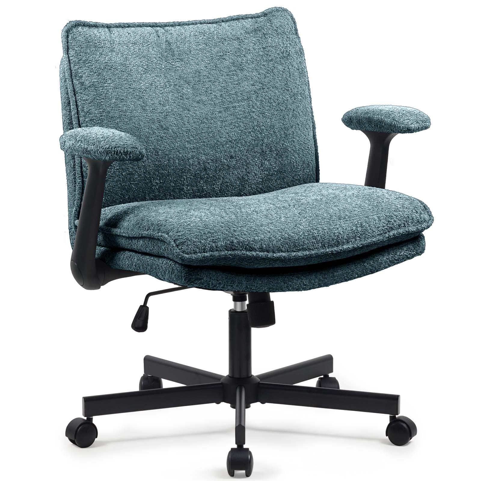 Ergonomic Cross Legged Office Chair with Wheels - Dark Green Upholstered Criss Cross Desk Chair with Flip-Up Armrests & Wide Seat - Perfect for Home Office, Vanity, Apartment or Small Spaces - Comfortable Seating for Work, Study & Relaxation