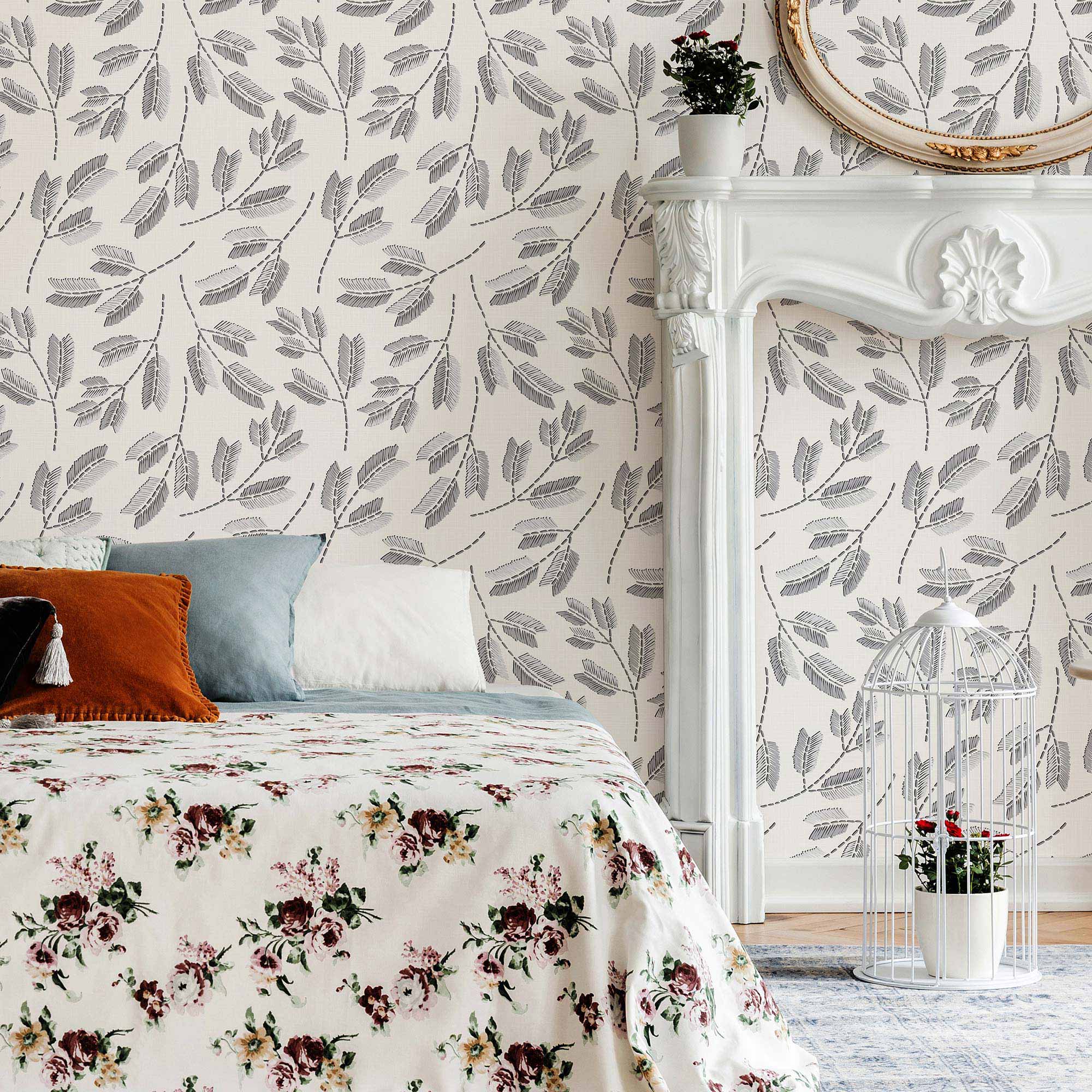 Grey Leaves Peel and Stick Removable Wallpaper - Self-Adhesive Decorative Wall Covering for Bedroom, Living Room, and Office Decor