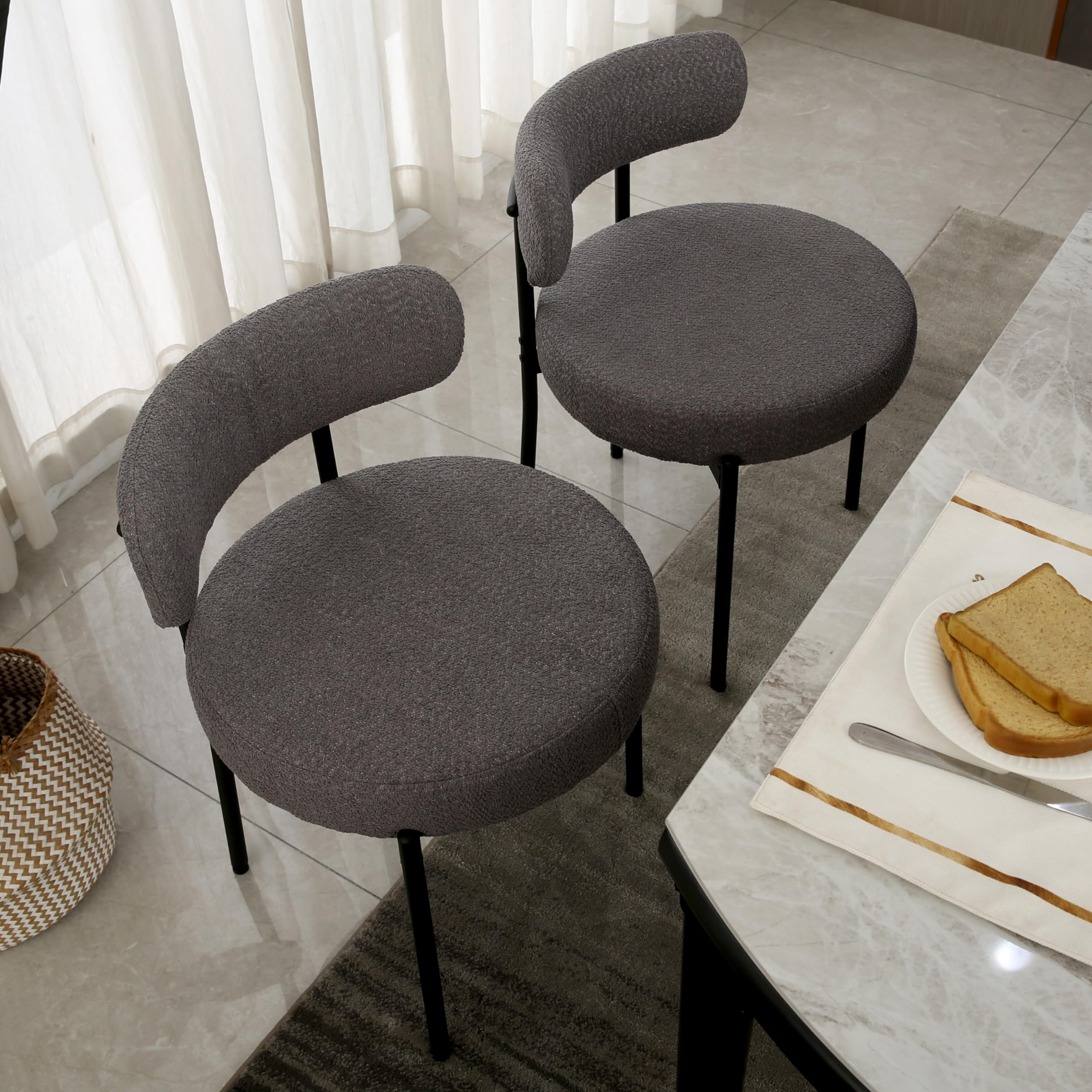 Dark Grey Upholstered Boucle Dining Chairs Set of 4 - Mid-Century Modern Round Kitchen Chairs with Curved Backrest & Black Metal Legs for Dining Room, Restaurant, or Cafe