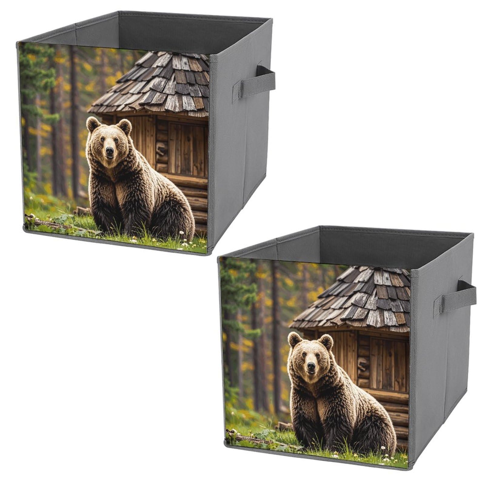 Collapsible Storage Bins 2-Pack - Stackable Foldable Storage Containers with Handles, Brown Bear Forest Lodge Design - Home Organization Cube Baskets for Closet, Nursery, Office & Living Room Storage