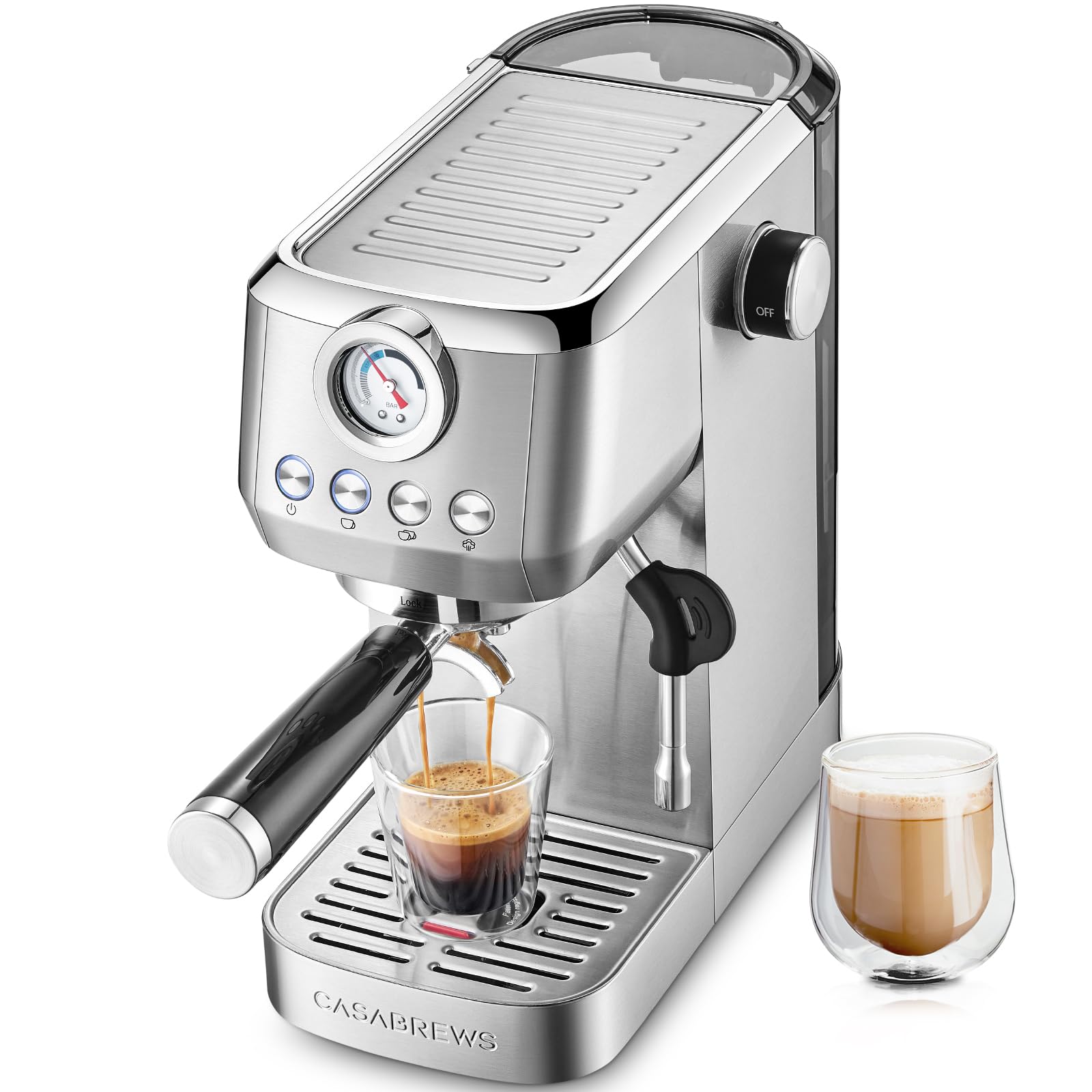 CASABREWS 20 Bar Espresso Machine with Steam Milk Frother - Stainless Steel Coffee Maker for Cappuccino & Latte - 43.9 oz Removable Water Tank - Perfect for Home Baristas & Coffee Lovers