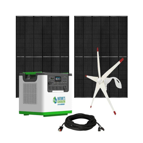 Natures Generator Lithium 3600 Portable Power Station with 2 x 410W Monocrystalline Solar Panels + Wind Turbine Kit - Perfect for Camping, RV Trips & Emergency Backup Power