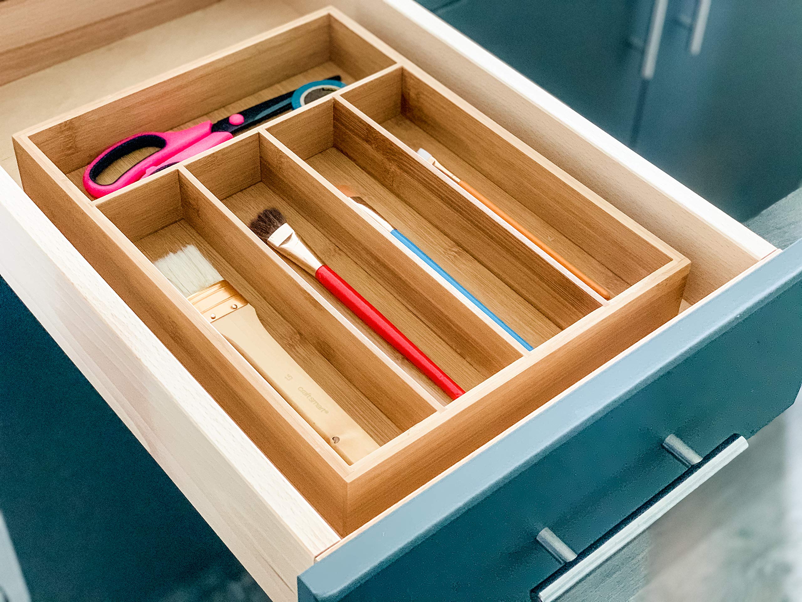 Premium Bamboo Drawer Organizer - 100% Organic 5-Compartment Cutlery & Utensil Tray for Kitchen, Bathroom, Office Desk - Perfect for Organizing Knives, Spoons, Makeup Brushes & Office Supplies