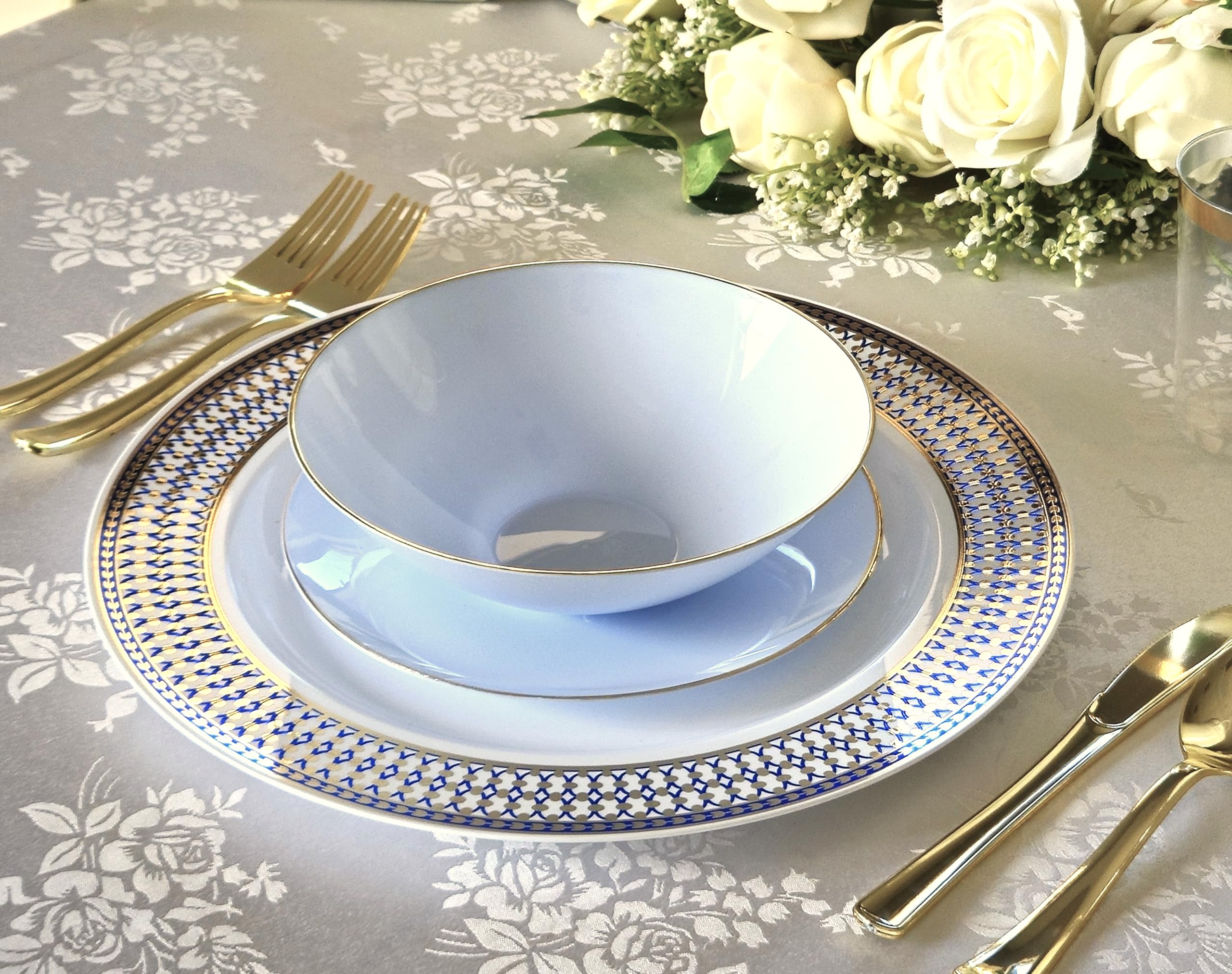 240 Pack Disposable Plastic Plates for Wedding & Party - 10.25 Inch Dinner Plates in Elegant Bali Blue & Gold - Perfect for Birthday, Baby Shower, Anniversary & Special Events