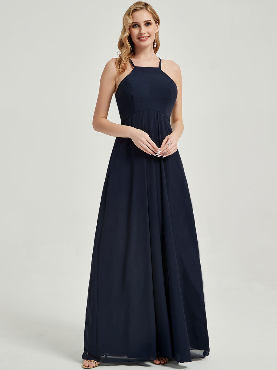 Elegant Dark Navy Halter Sleeveless Empire Waist Pleated Backless Chiffon Bridesmaid Dress for Wedding Party, Formal Occasions & Special Events