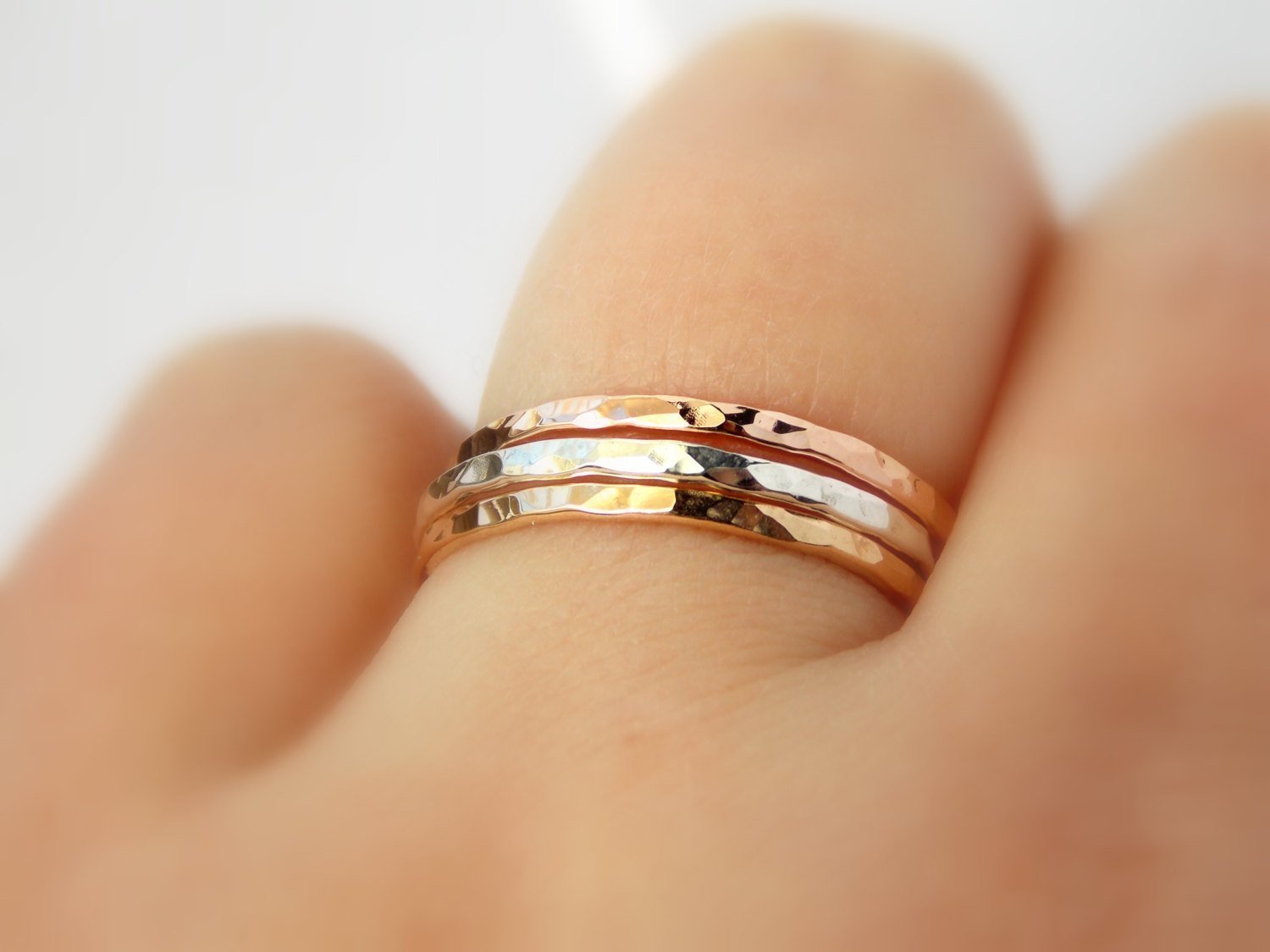 14K Gold-Filled Reflection Stacking Rings Set - Hammered, Dainty, Simple Gold & Silver Skinny Textured Rings for Women | Perfect for Layering, Everyday Wear & Special Occasions