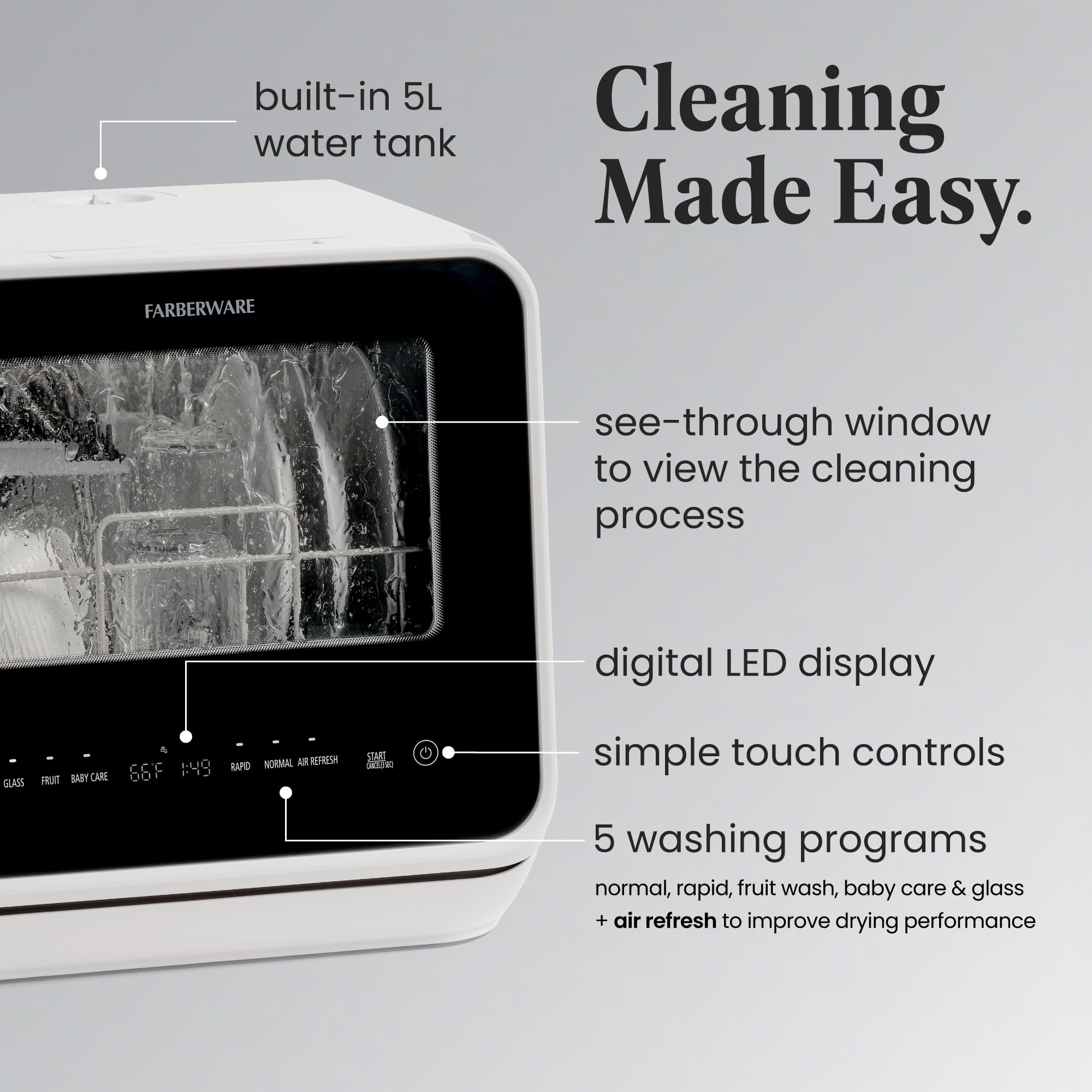 Farberware Portable Countertop Dishwasher with 5-Liter Built-in Water Tank - 5 Wash Programs for Home, RV, Apartment & Small Spaces - Compact Dishwasher for Dishes, Glasses & Baby Bottles - Perfect for Kitchen, Dorm, Camping & Tiny Homes