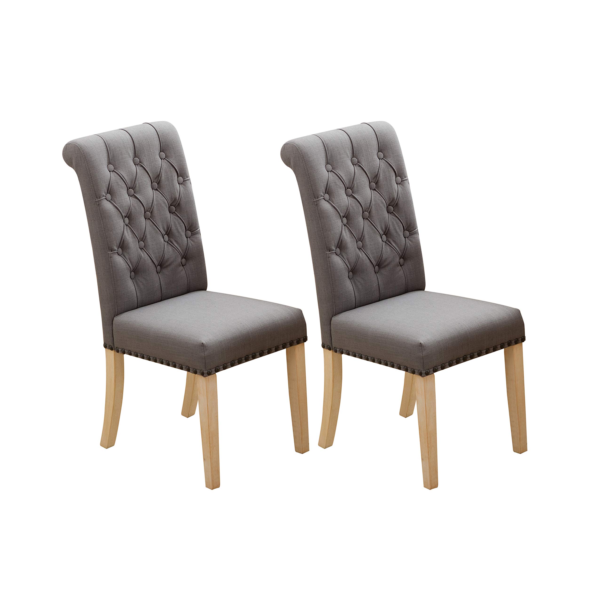 Premium Fabric Dining Chairs with Copper Nails & Solid Wood Legs - Set of 2, Dark Grey - Elegant Home Dining Room Furniture for Family Gatherings & Dinner Parties