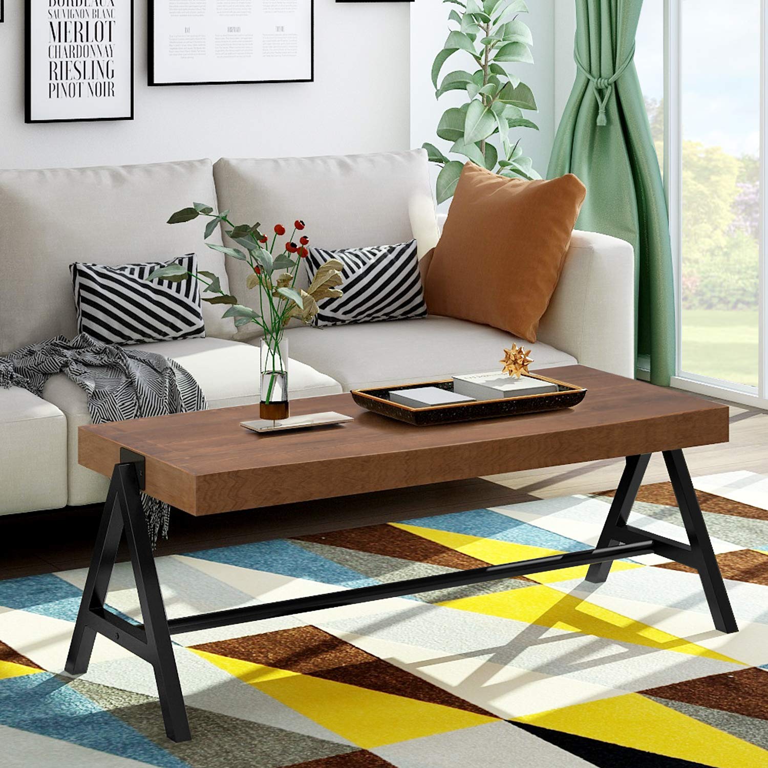 Rustic Brown Rectangle Coffee Table with Thickened Top & Metal Legs - 45.8