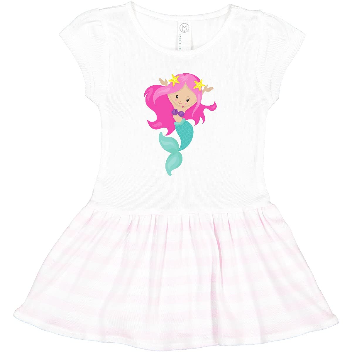 Inktastic Cute Mermaid Toddler Dress with Starfish Print & Pink Hair - Perfect for Birthday Parties, Beach Vacations & Dress-Up Play
