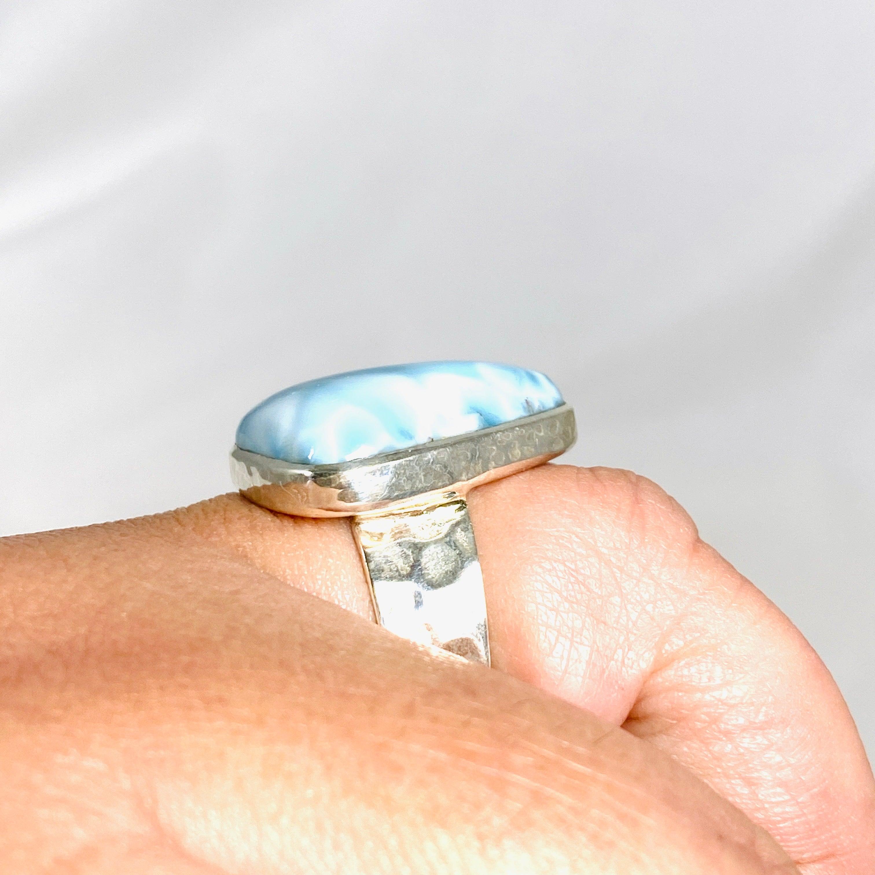 Larimar Triangular Ring with Hammered Band - Size 11 Sterling Silver Jewelry KRGJ3101 | Perfect for Boho Fashion, Beach Weddings & Gift Giving