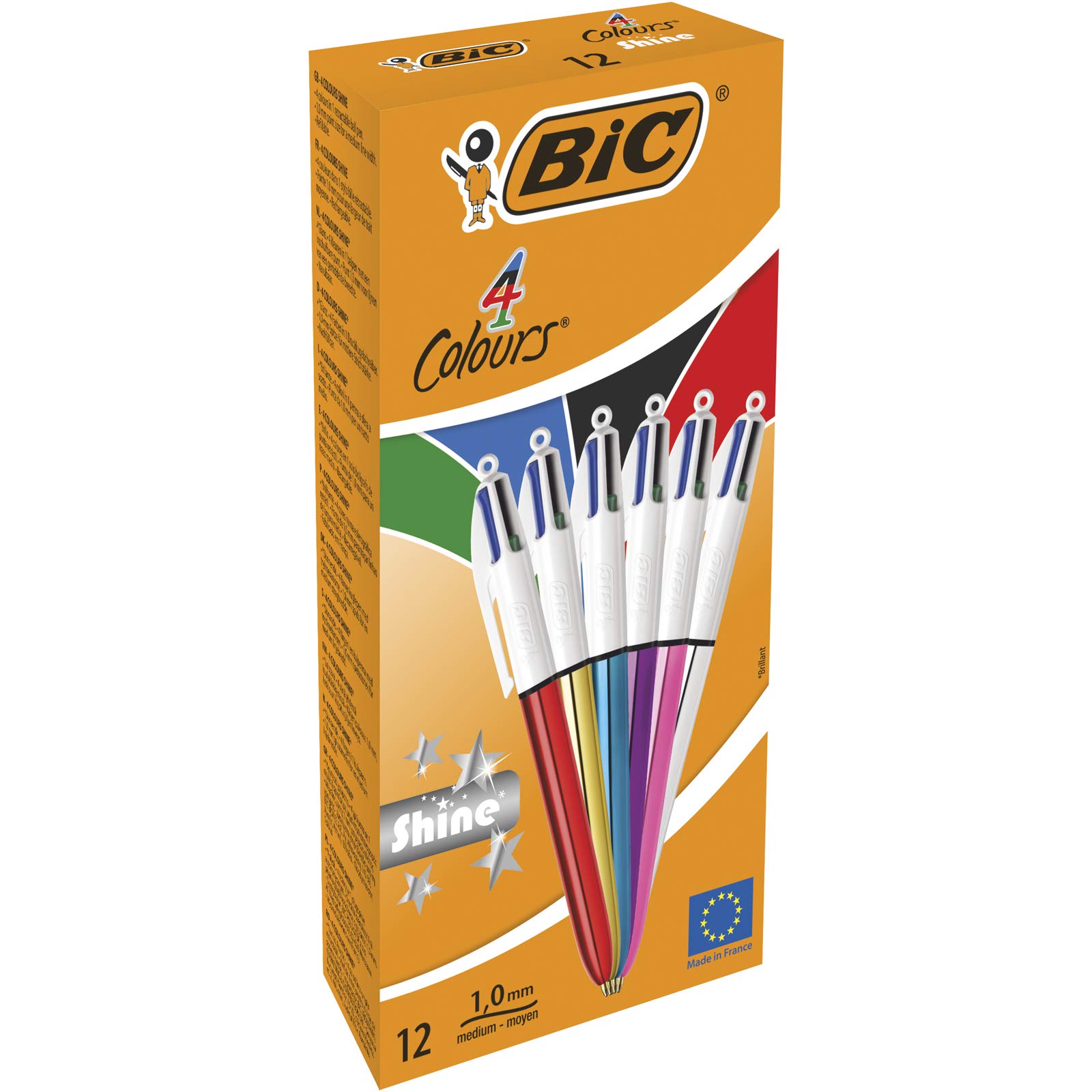 BIC 4-Color Retractable Ballpoint Pens - Medium Point 1.0mm, Assorted Metallic Colors (12-Pack) for Office, School & Note Taking | Smooth Writing Shine Pens