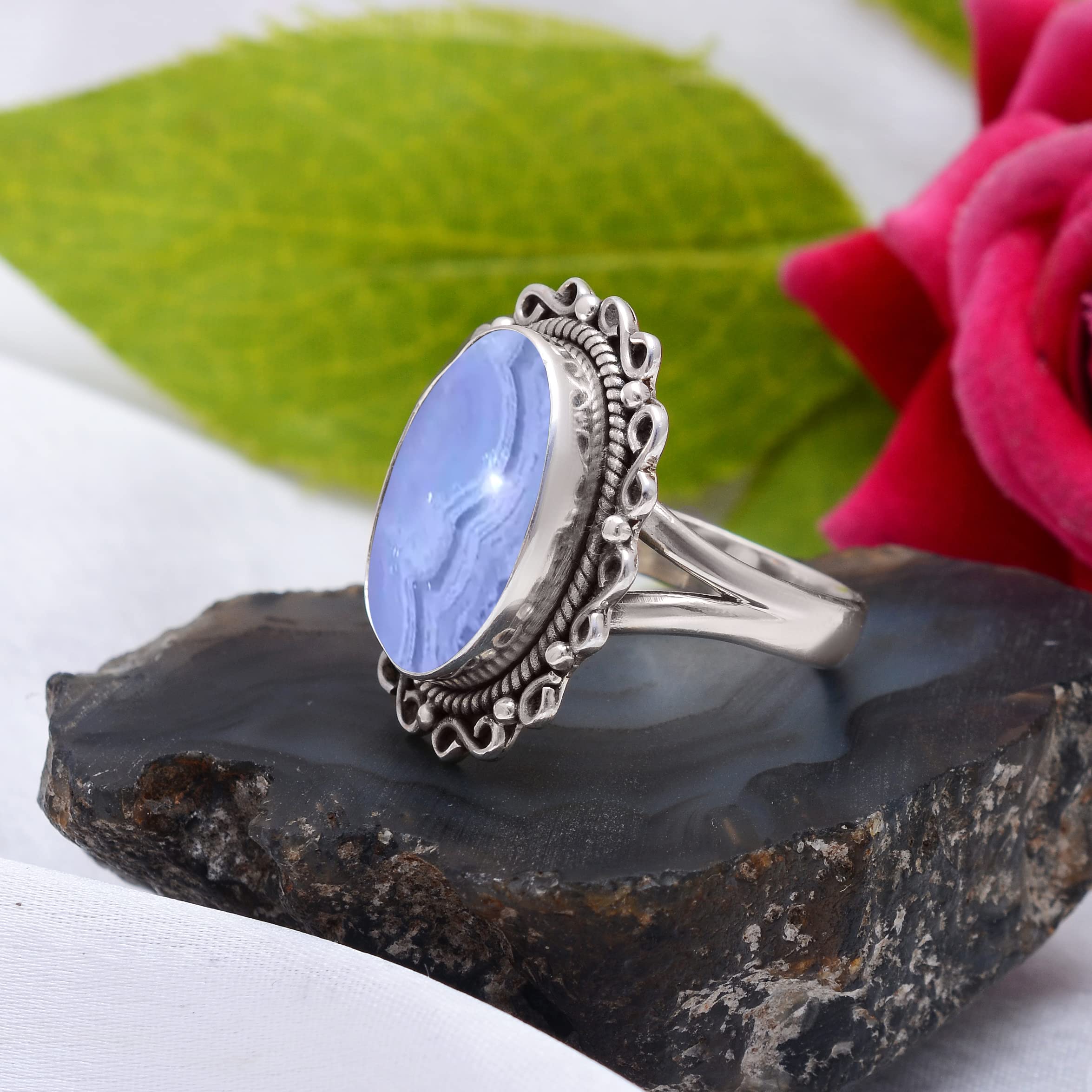Veracity Jewelry Blue Lace Agate Ring for Women - 925 Sterling Silver Healing Meditation Ring with Natural Blue White Gemstone - Elegant Designer Jewelry Gift for Mom, Wife, Birthday & Special Occasions
