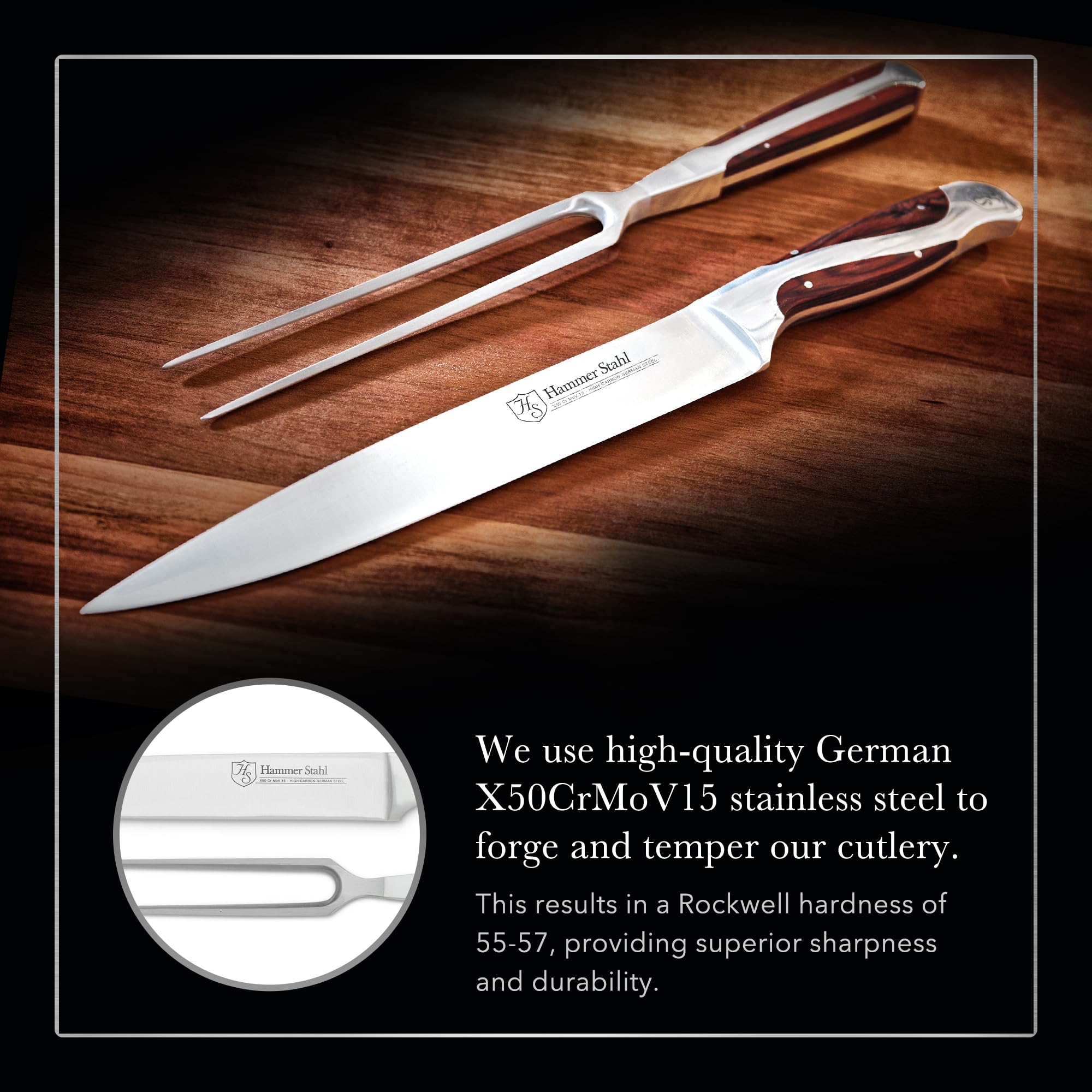 Premium German Forged High Carbon Stainless Steel Carving Knife and Fork Set - Professional Meat Carving Tools with Ergonomic Pakkawood Handle for Roast Beef, Turkey, Ham & Holiday Dinners